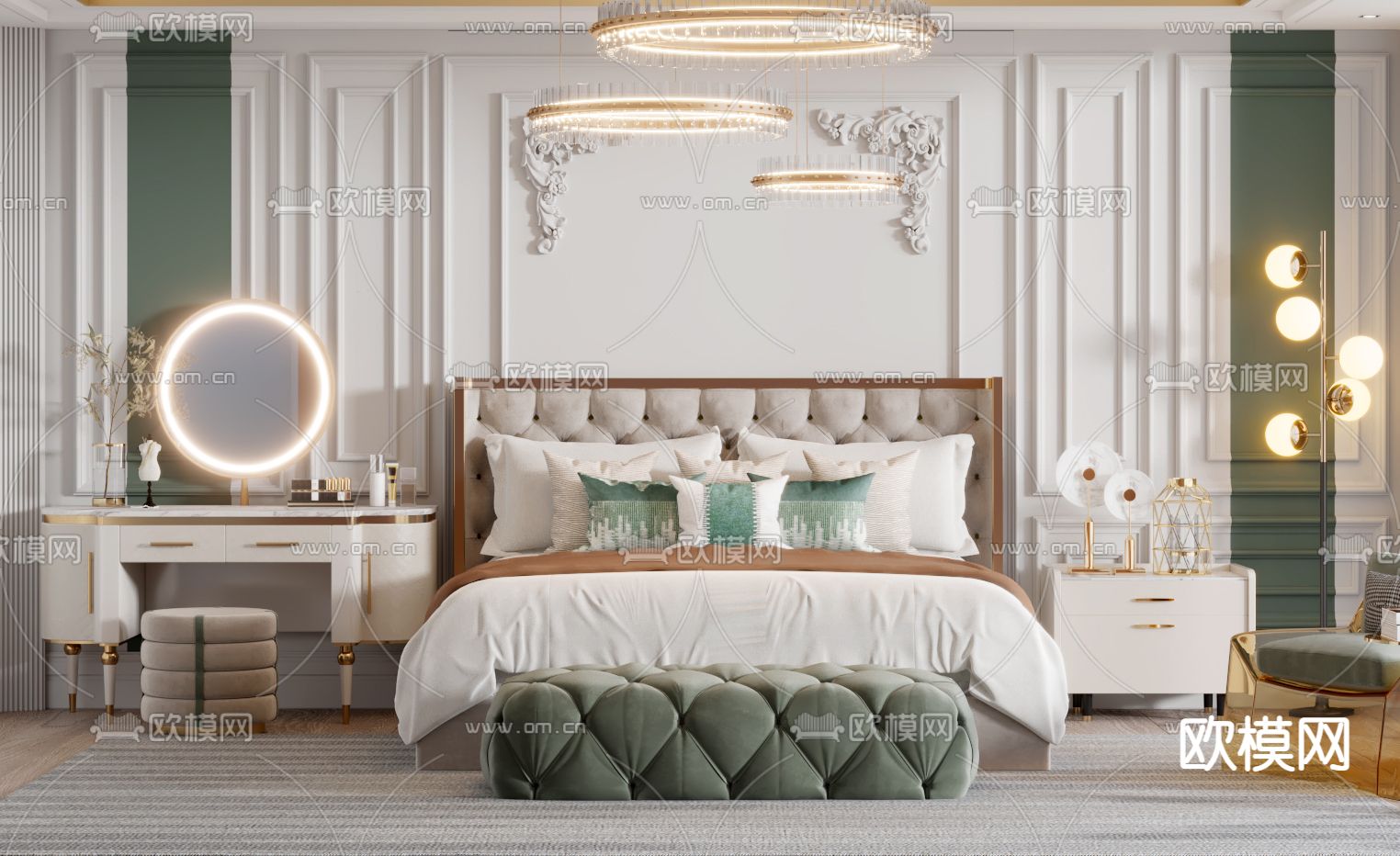简欧轻奢卧室主人房3d模型下载（渲染图2）
