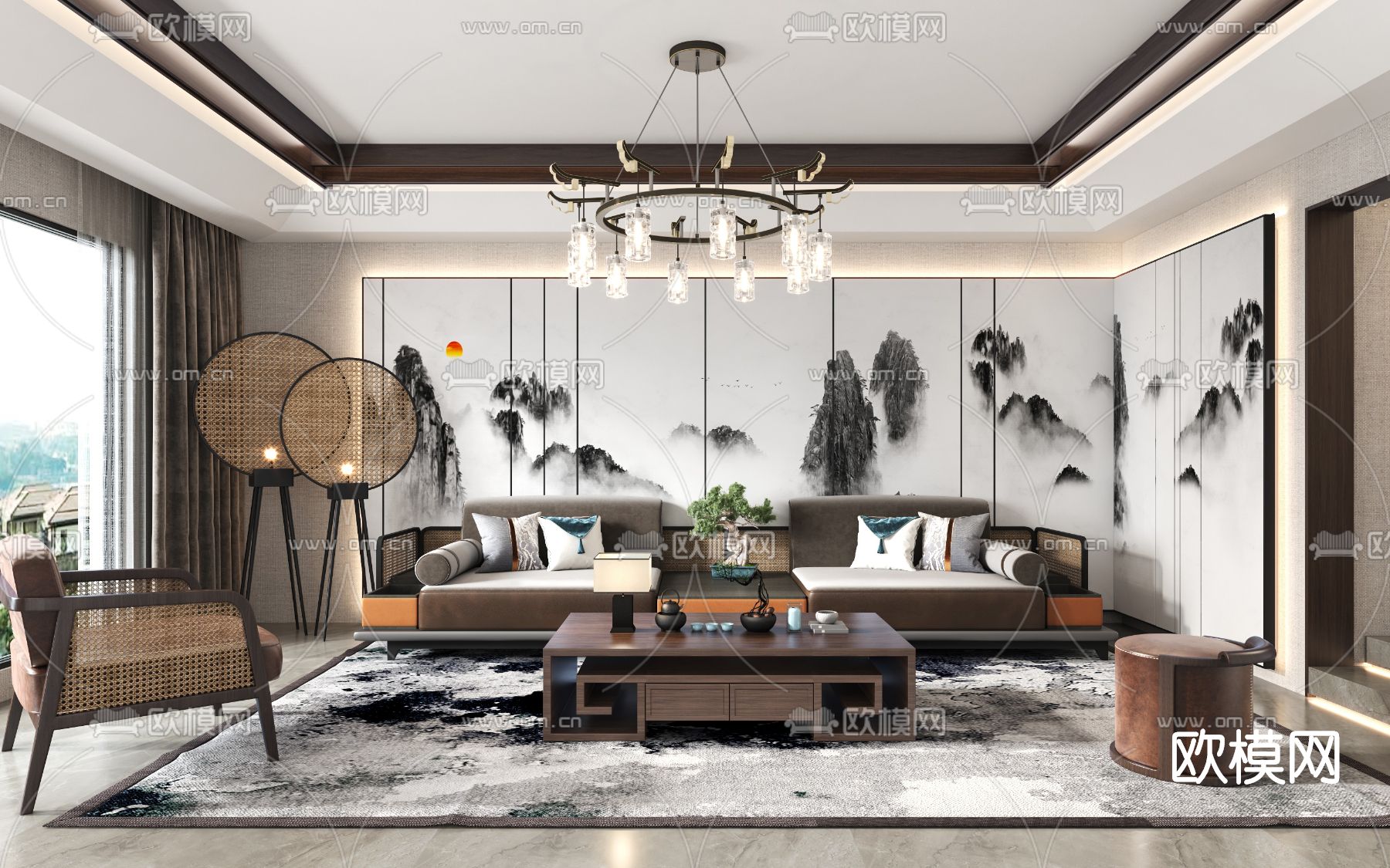 新中式布艺沙发组合3d模型下载