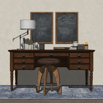 美式实木书桌椅su模型