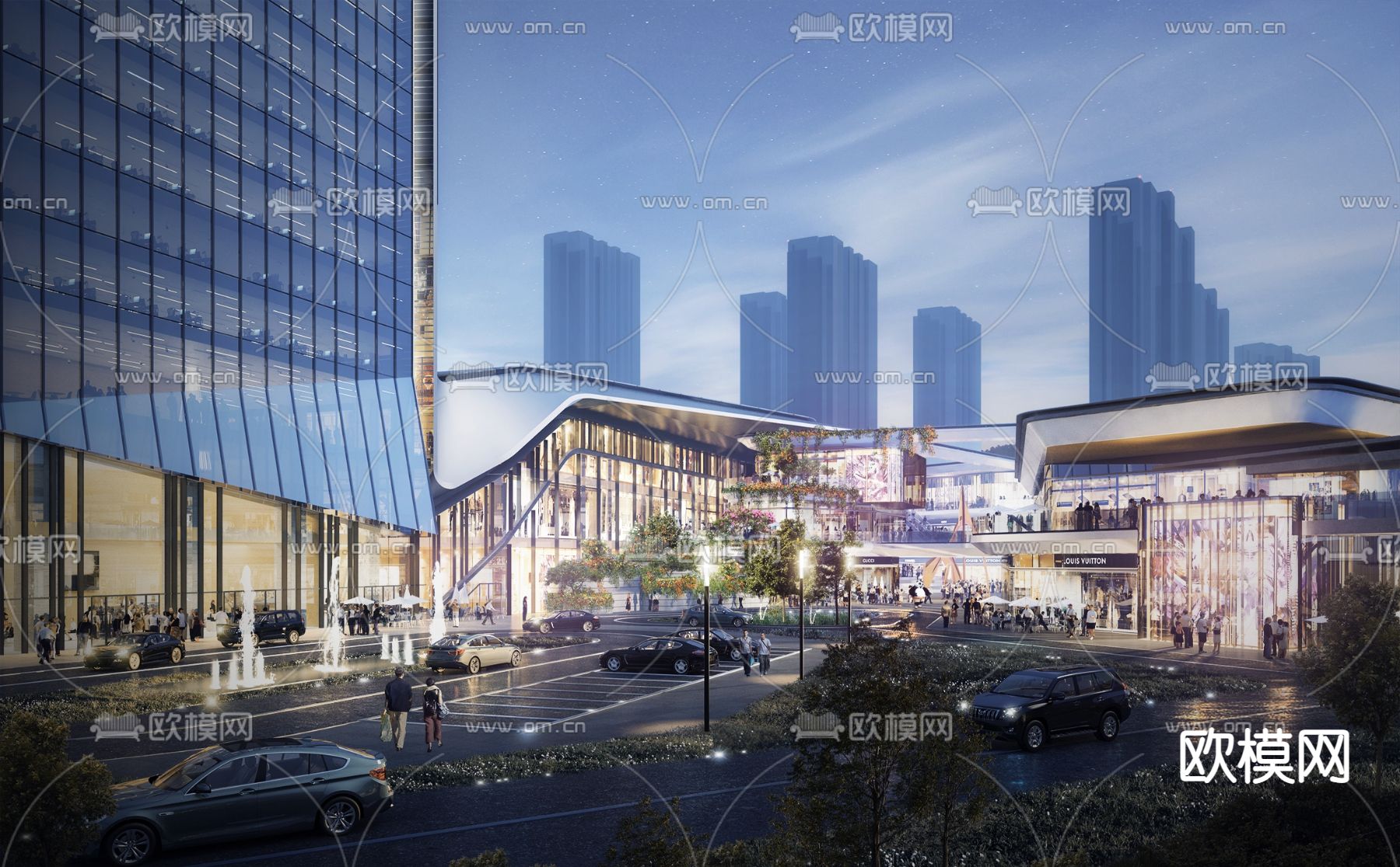 现代商业街夜景3d模型下载