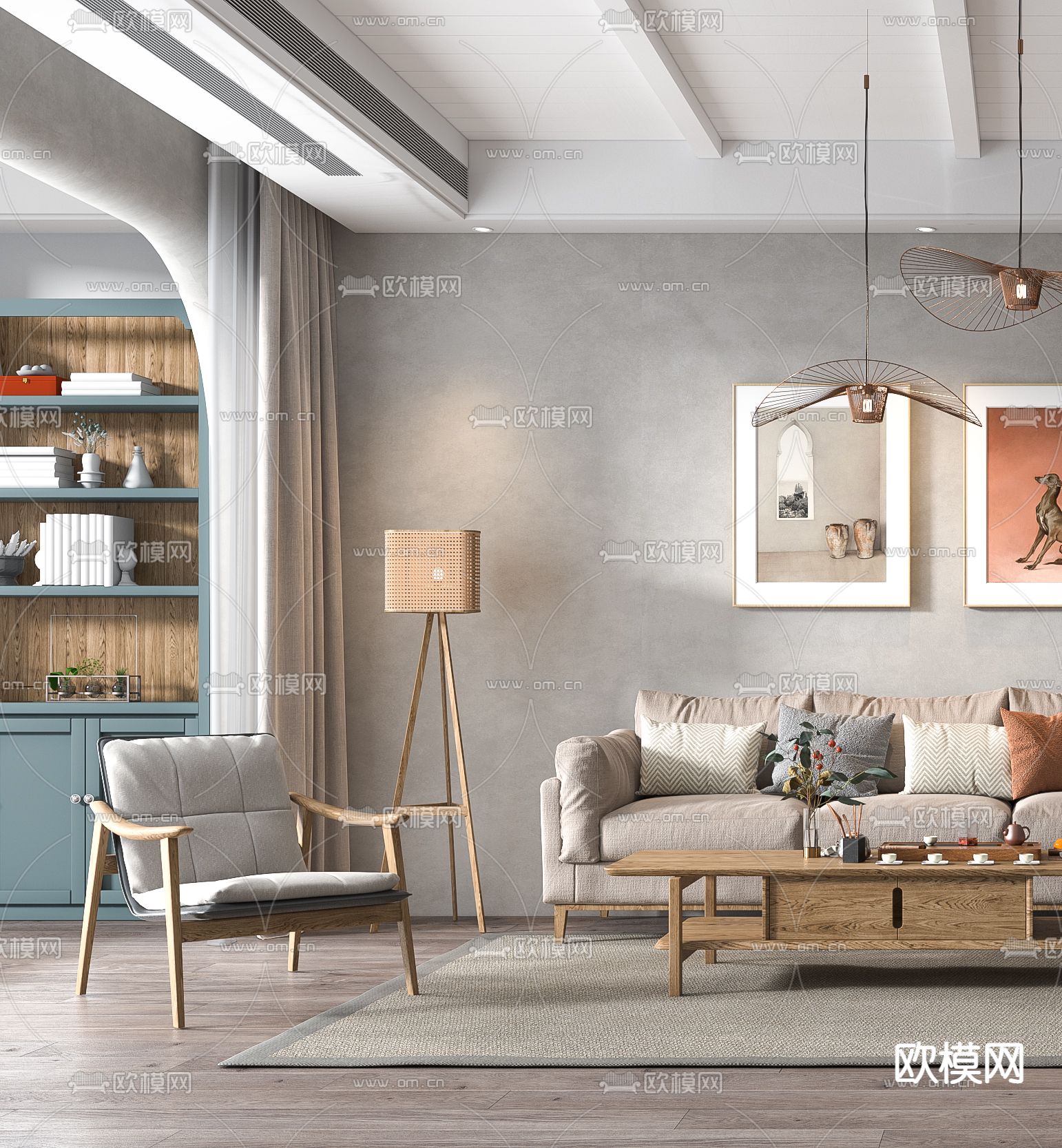 北欧布艺沙发组合3d模型下载（渲染图2）