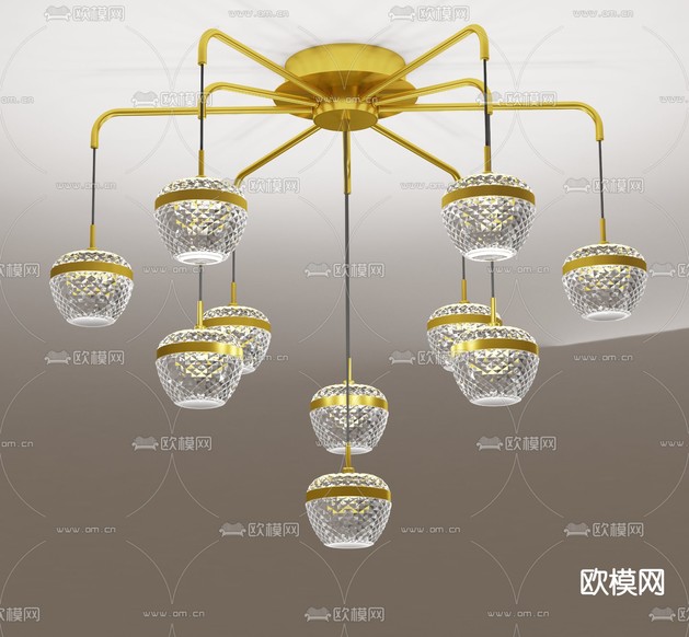 简欧铜制水晶吊灯3d模型下载(渲染图3)