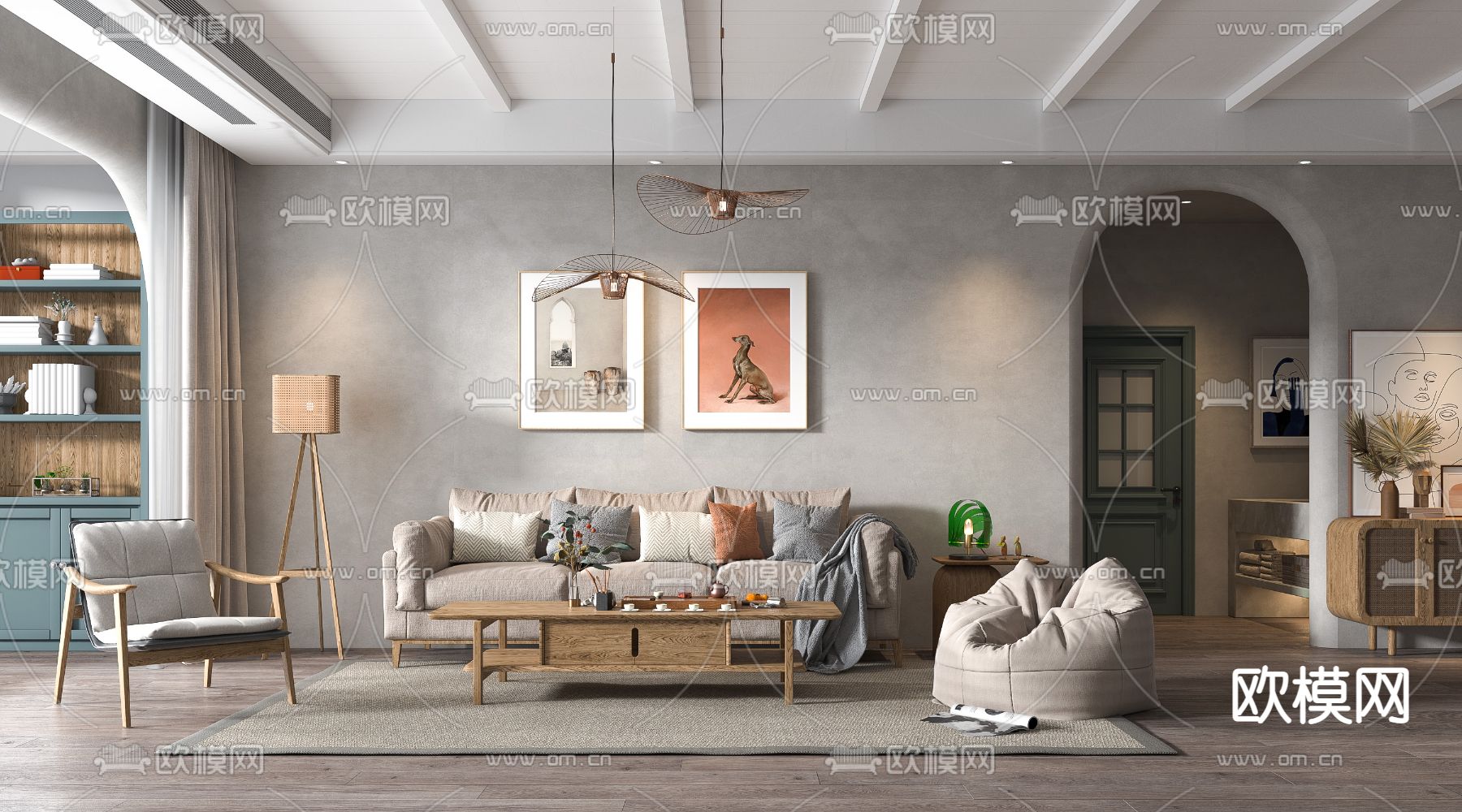 北欧布艺沙发组合3d模型下载（渲染图1）