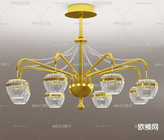 简欧铜制水晶吊灯3d模型下载(渲染图4)