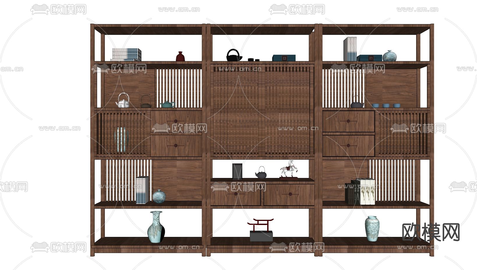 新中式实木博古架su模型下载（渲染图2）