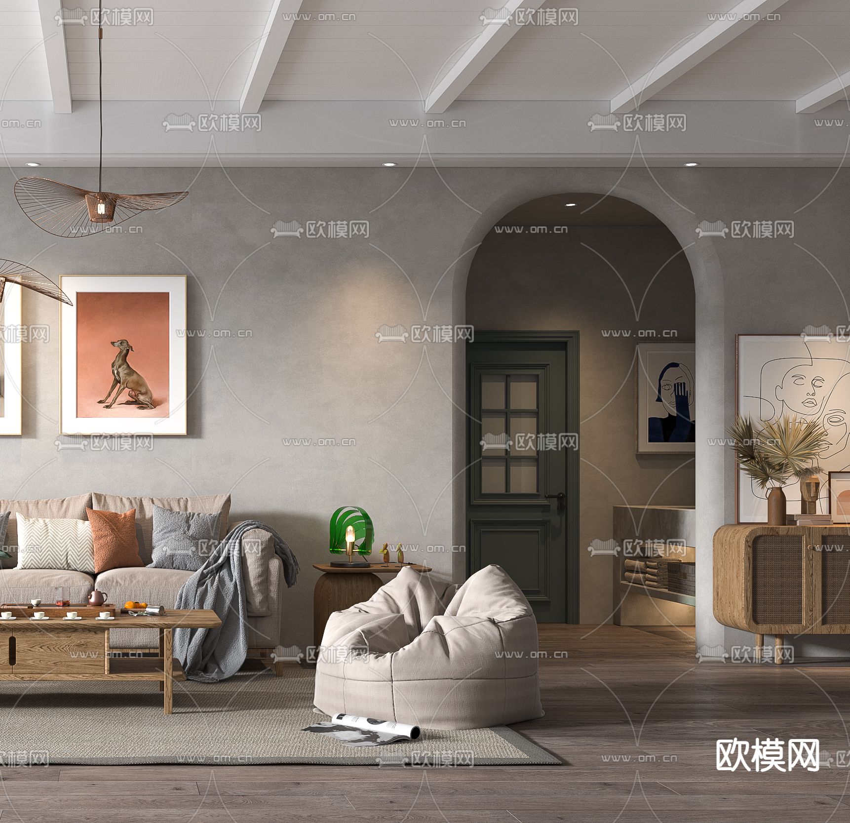 北欧布艺沙发组合3d模型下载（渲染图3）