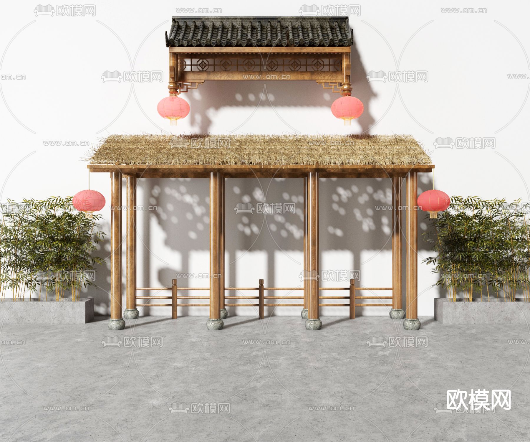 新中式茅草凉亭廊架小品3d模型