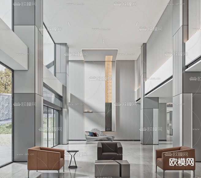 现代办公大堂前台3d模型下载(渲染图2)