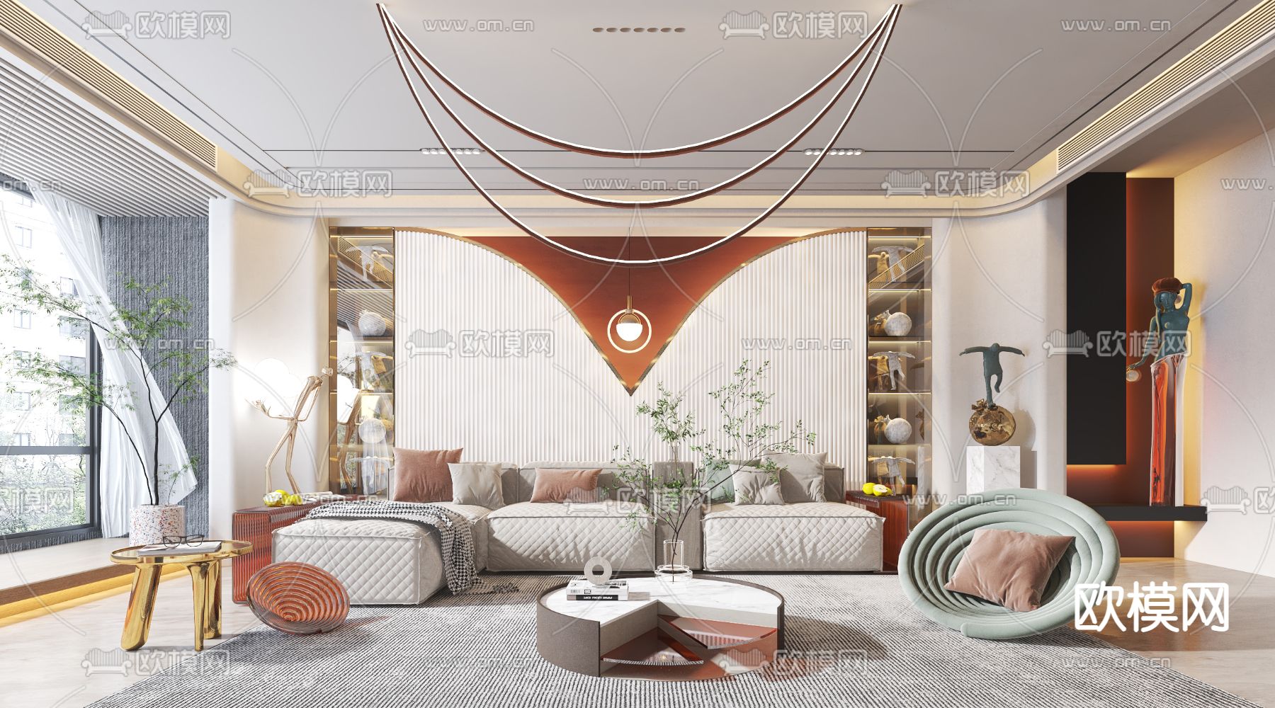 现代轻奢客厅3d模型下载（渲染图1）