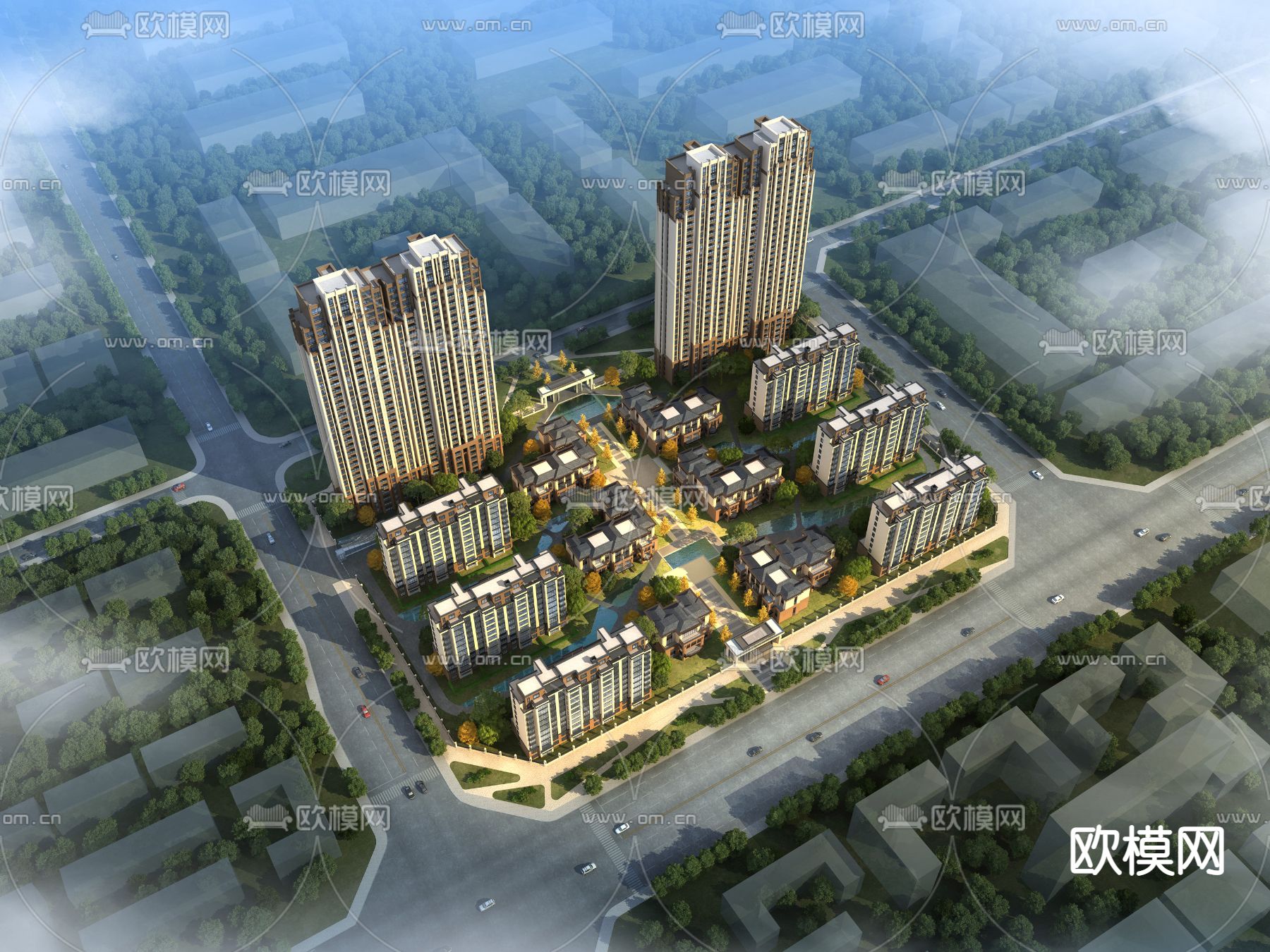 简欧高层住宅小区鸟瞰3d模型下载