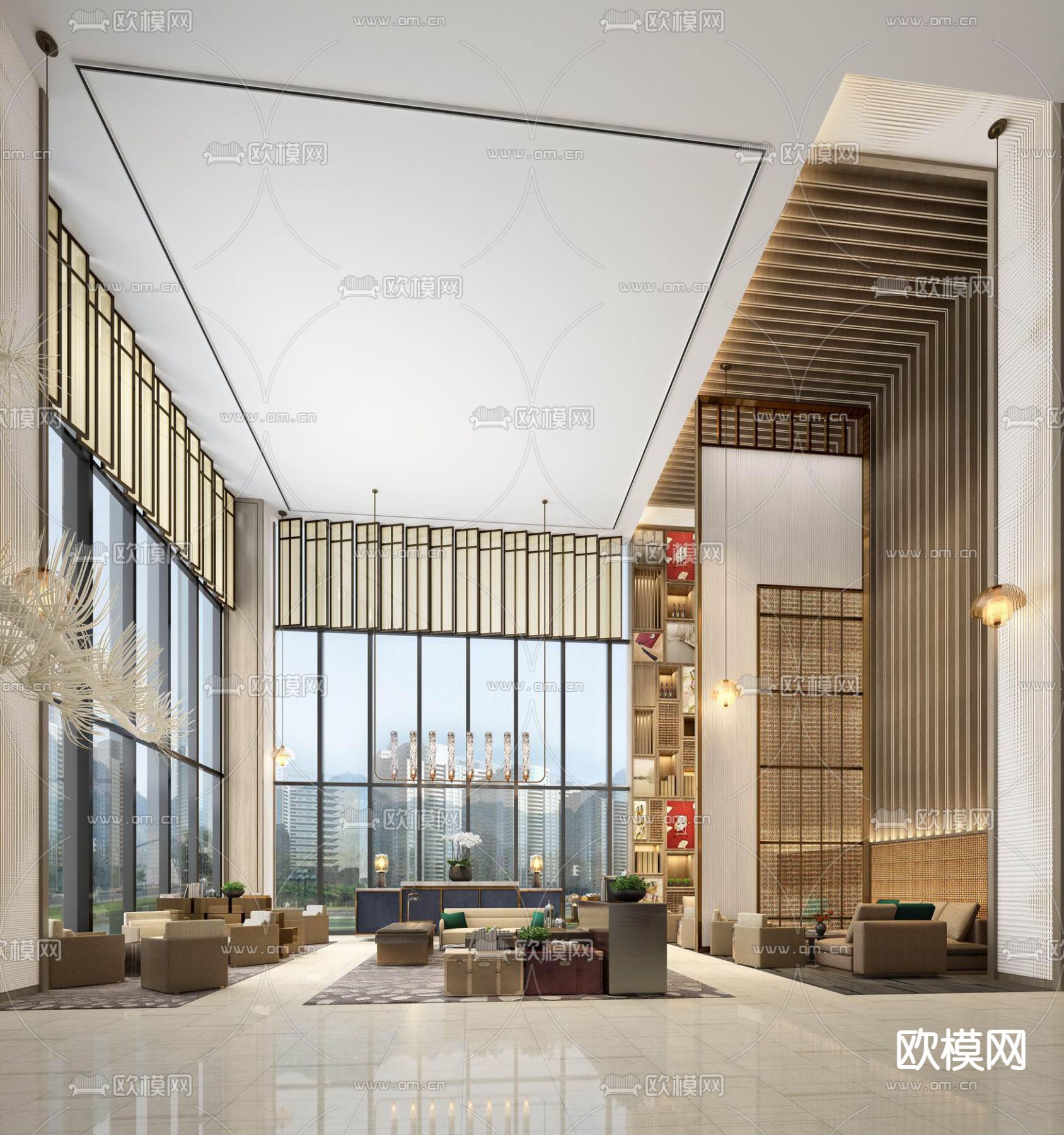 新中式酒店大堂su模型