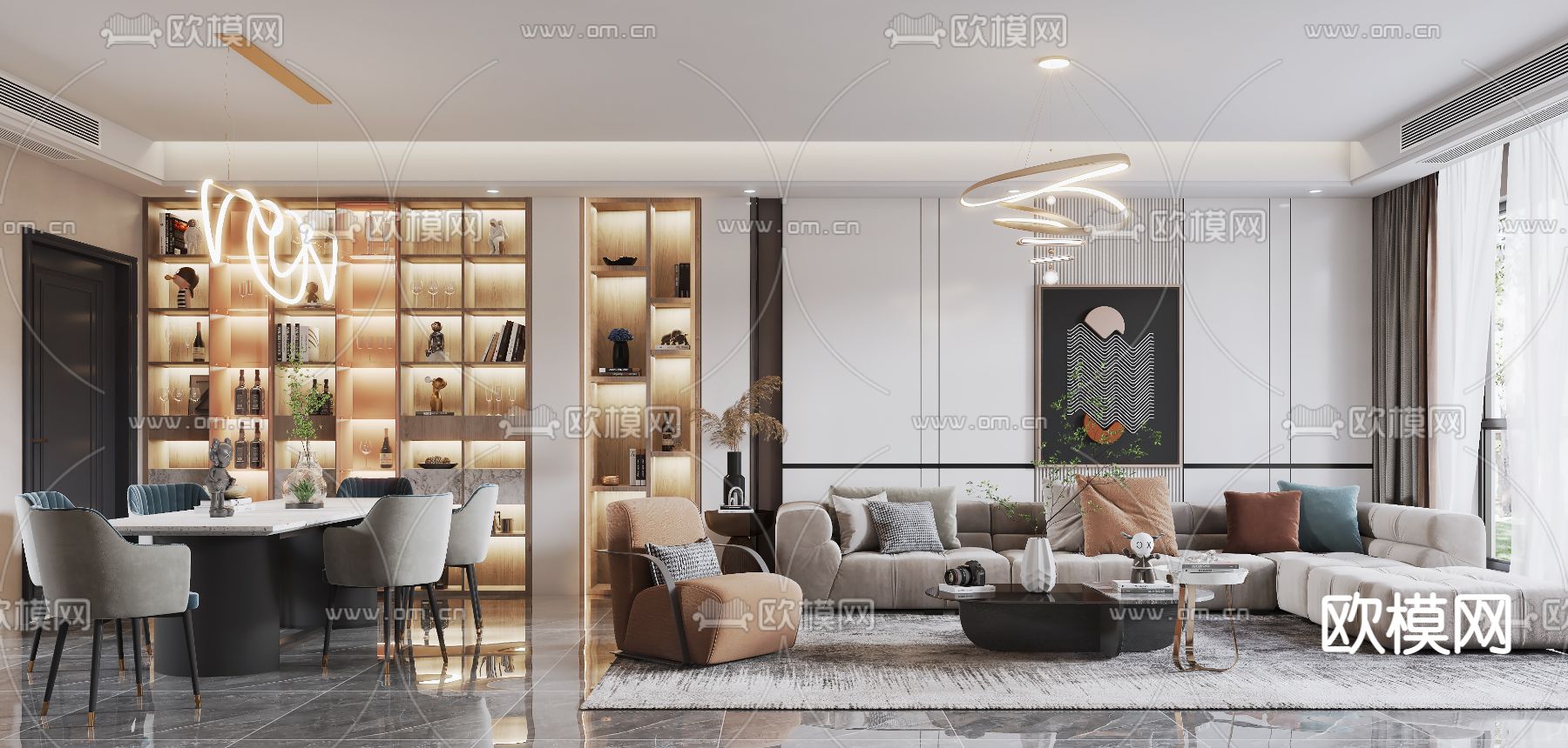 现代轻奢客厅餐厅3d模型下载（渲染图2）
