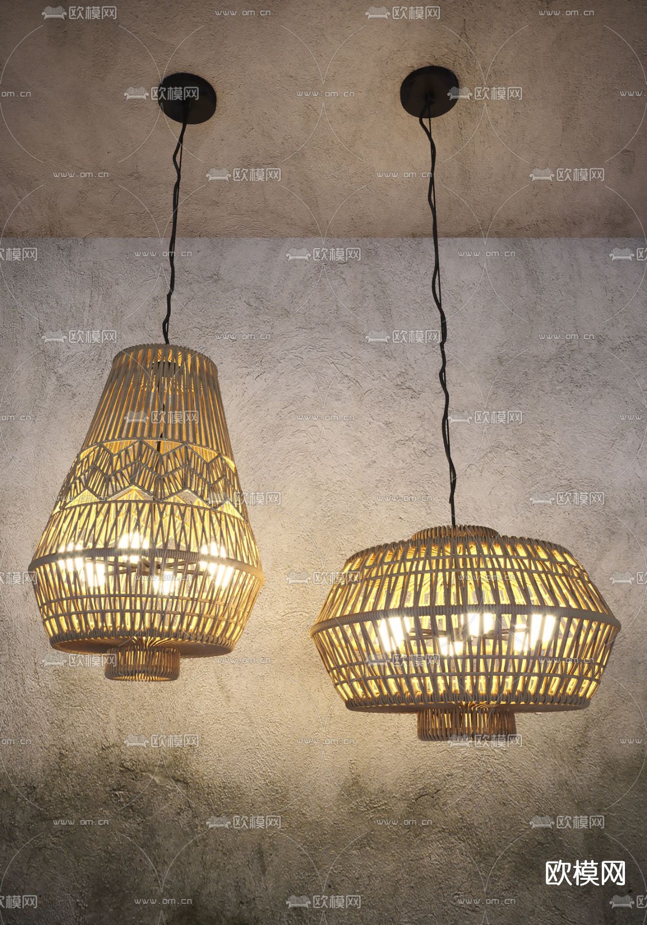 自然风编织灯笼吊灯3d模型下载（渲染图1）