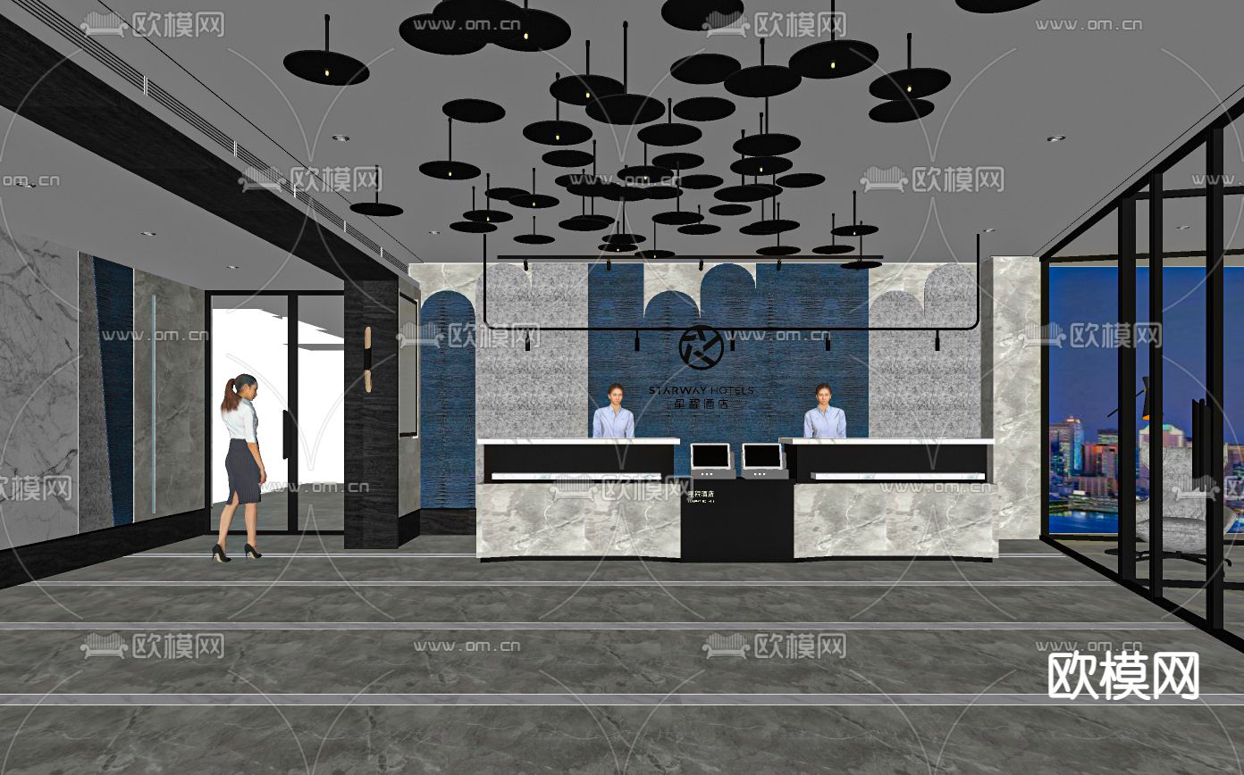 现代酒店前台大厅su模型下载（渲染图2）