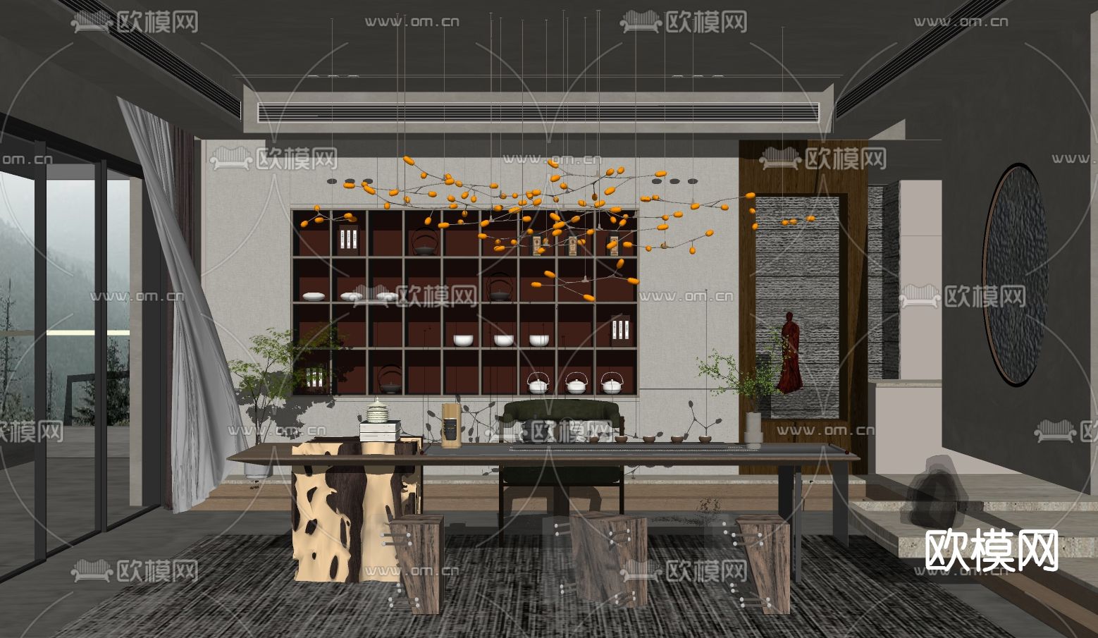 新中式茶室su模型下载（渲染图2）