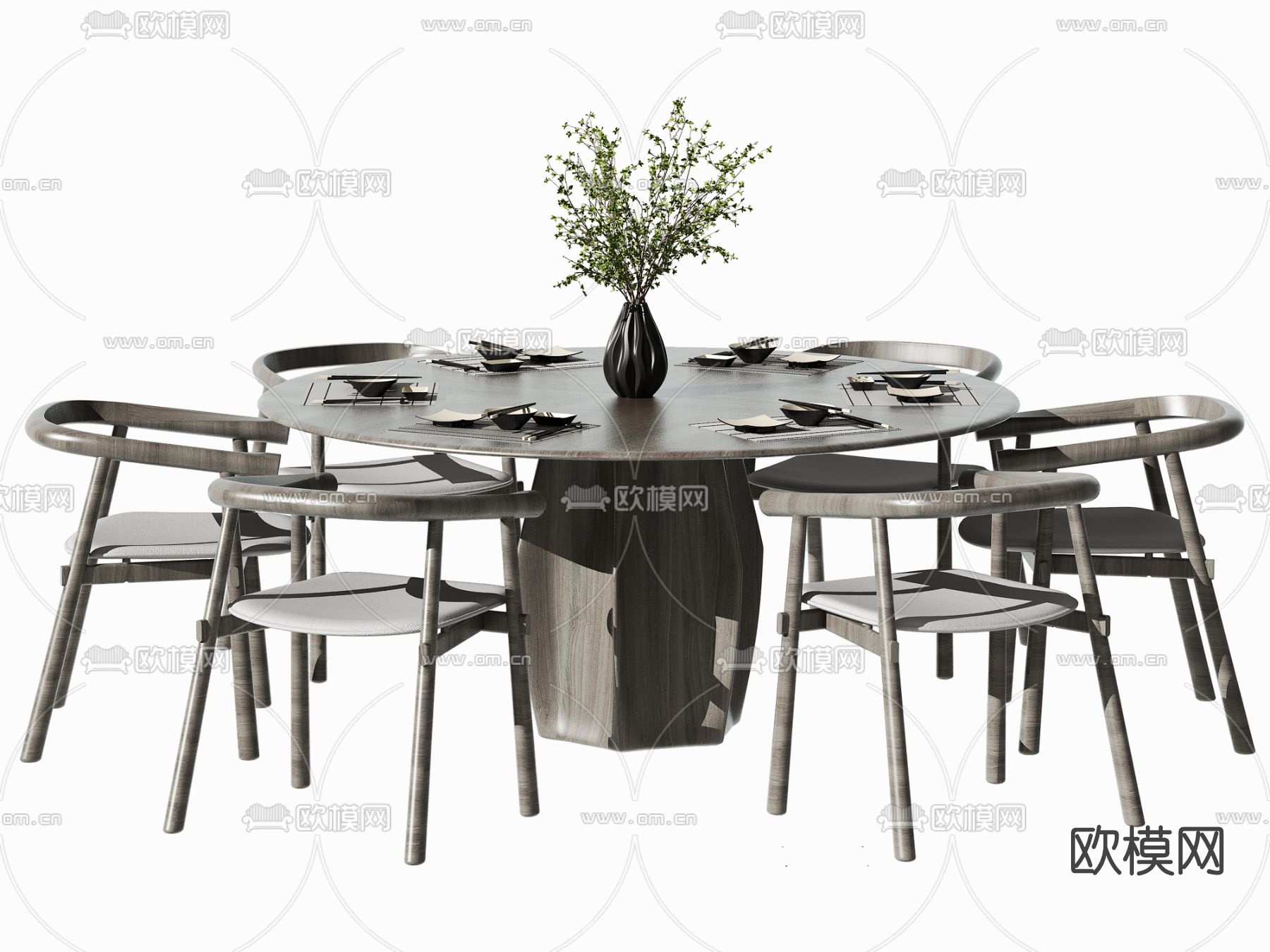 新中式实木圆形餐桌椅3d模型下载