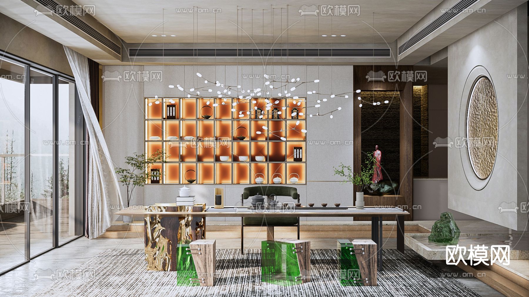 新中式茶室su模型下载（渲染图1）