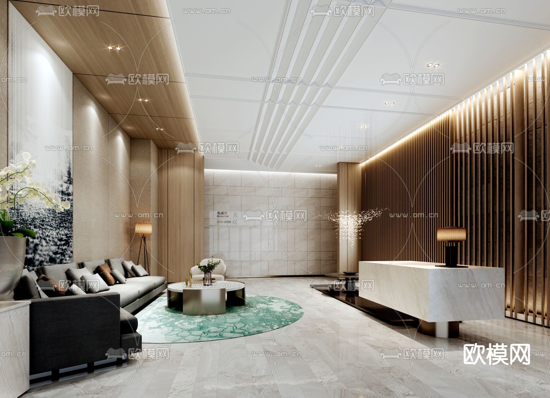 现代办公室前台大厅3d模型下载（渲染图1）