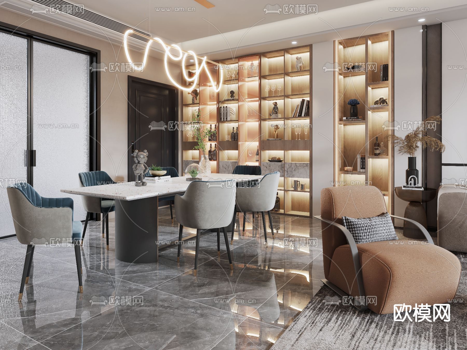 现代轻奢客厅餐厅3d模型下载（渲染图3）