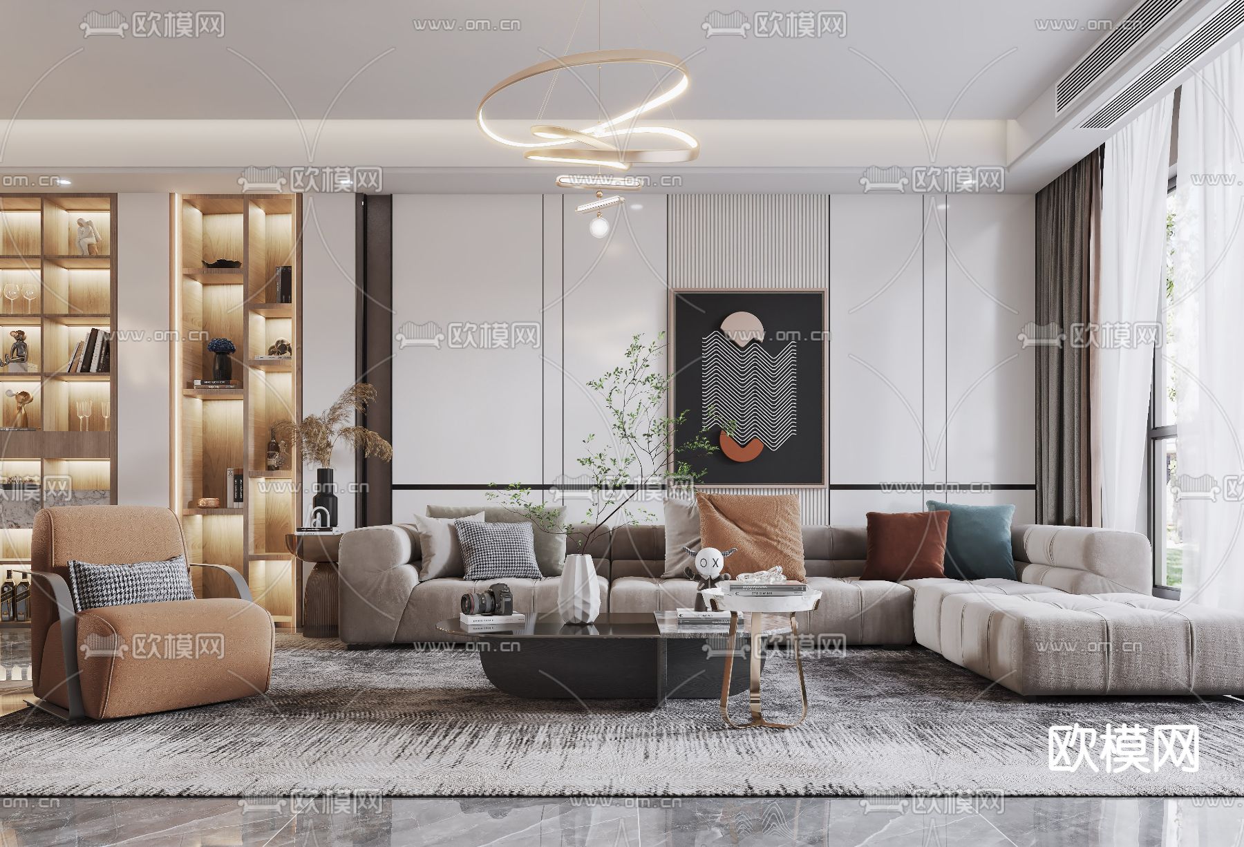 现代轻奢客厅餐厅3d模型下载（渲染图1）