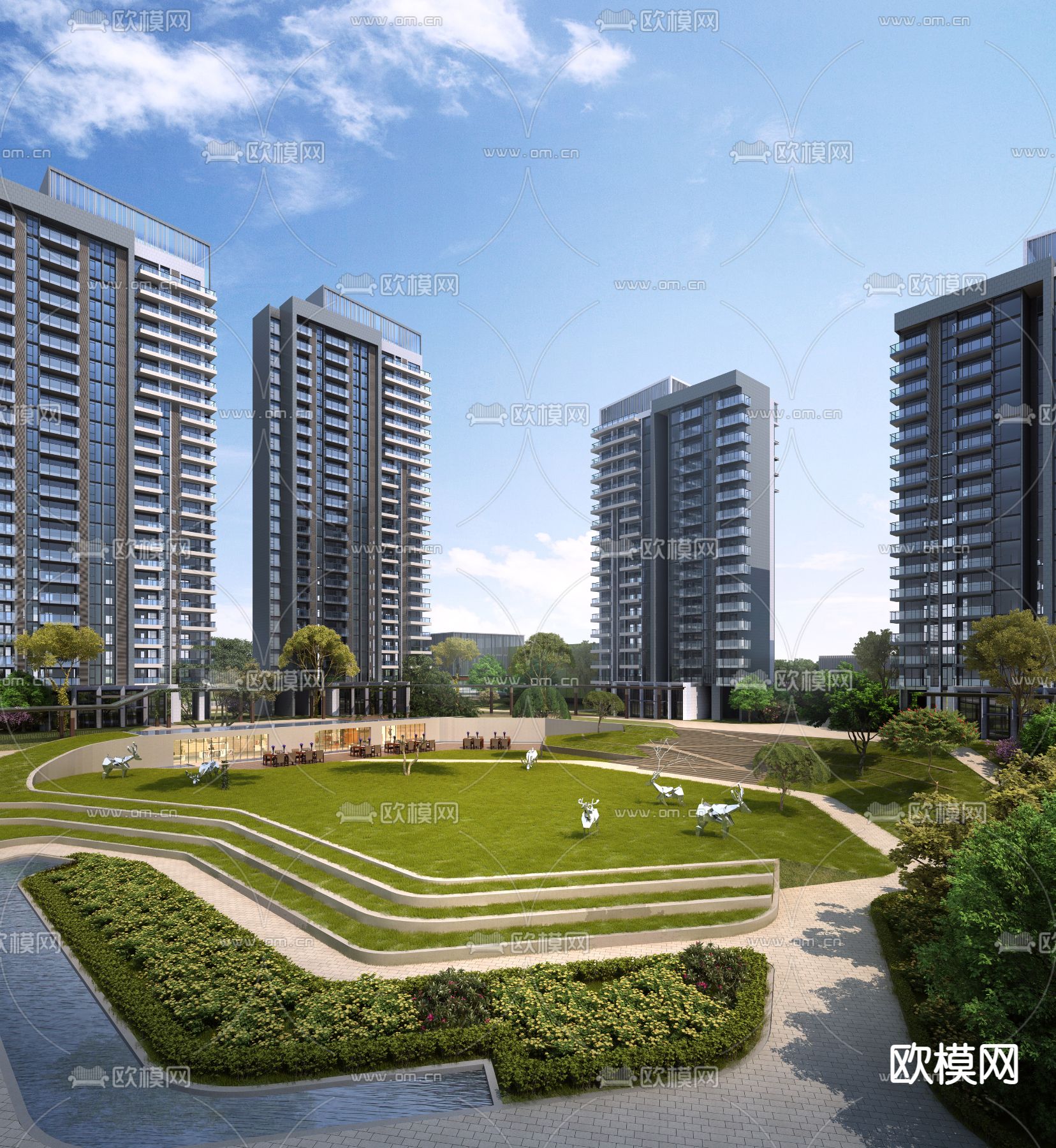 现代办公园区中庭景观3d模型下载