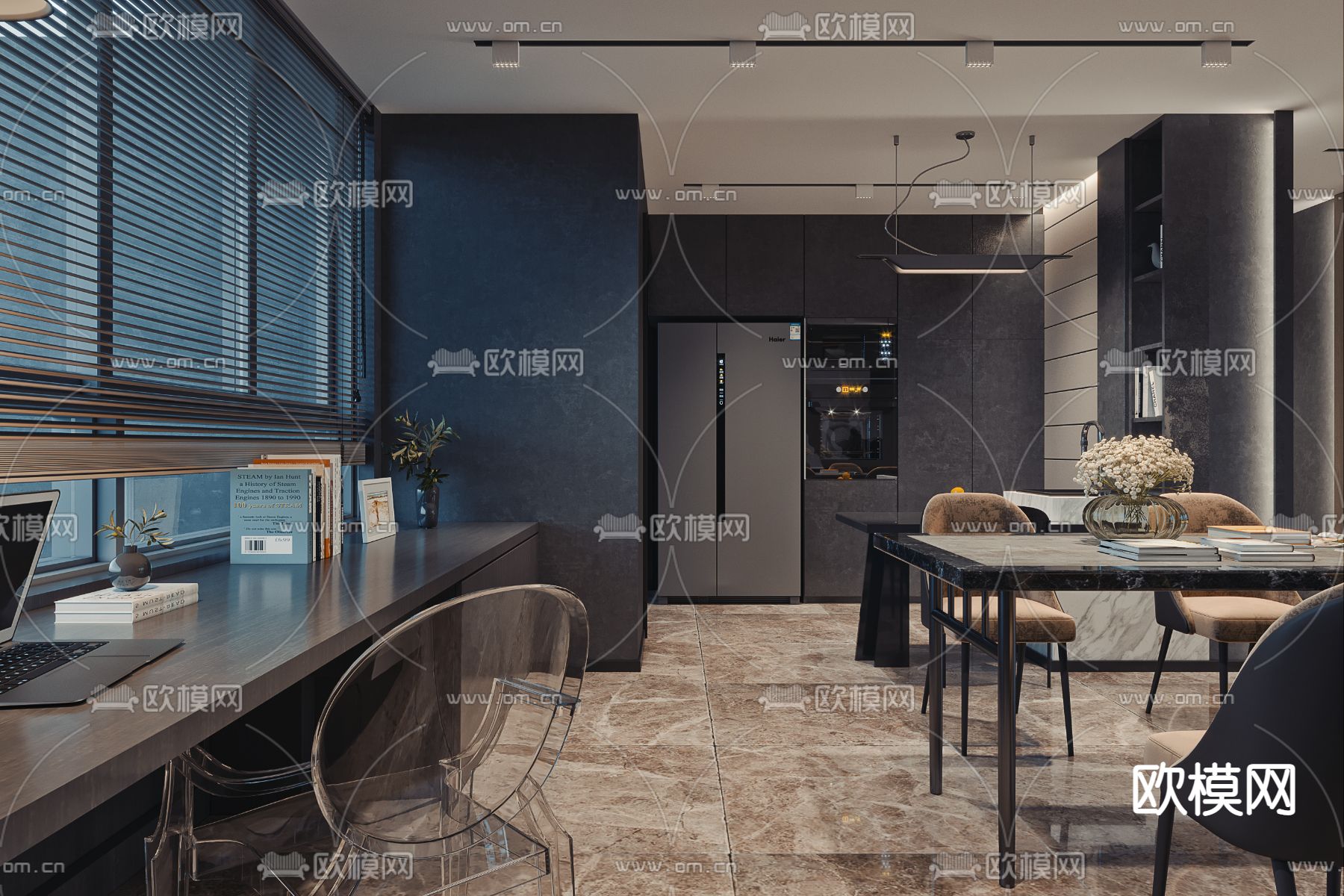 现代高级灰客餐厅3d模型下载（渲染图4）