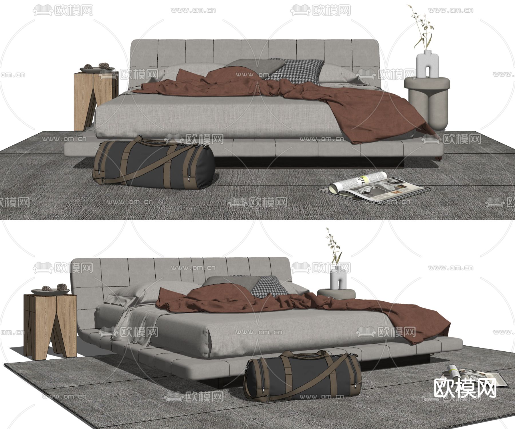 现代布艺双人床su模型