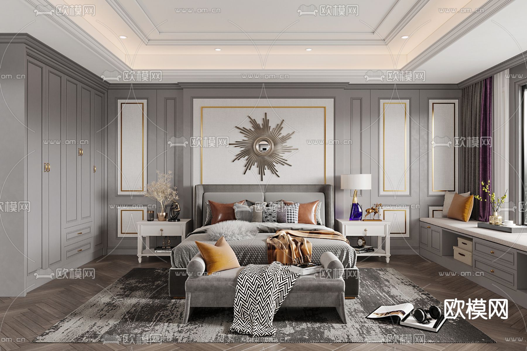 美式卧室主人房3d模型下载（渲染图1）