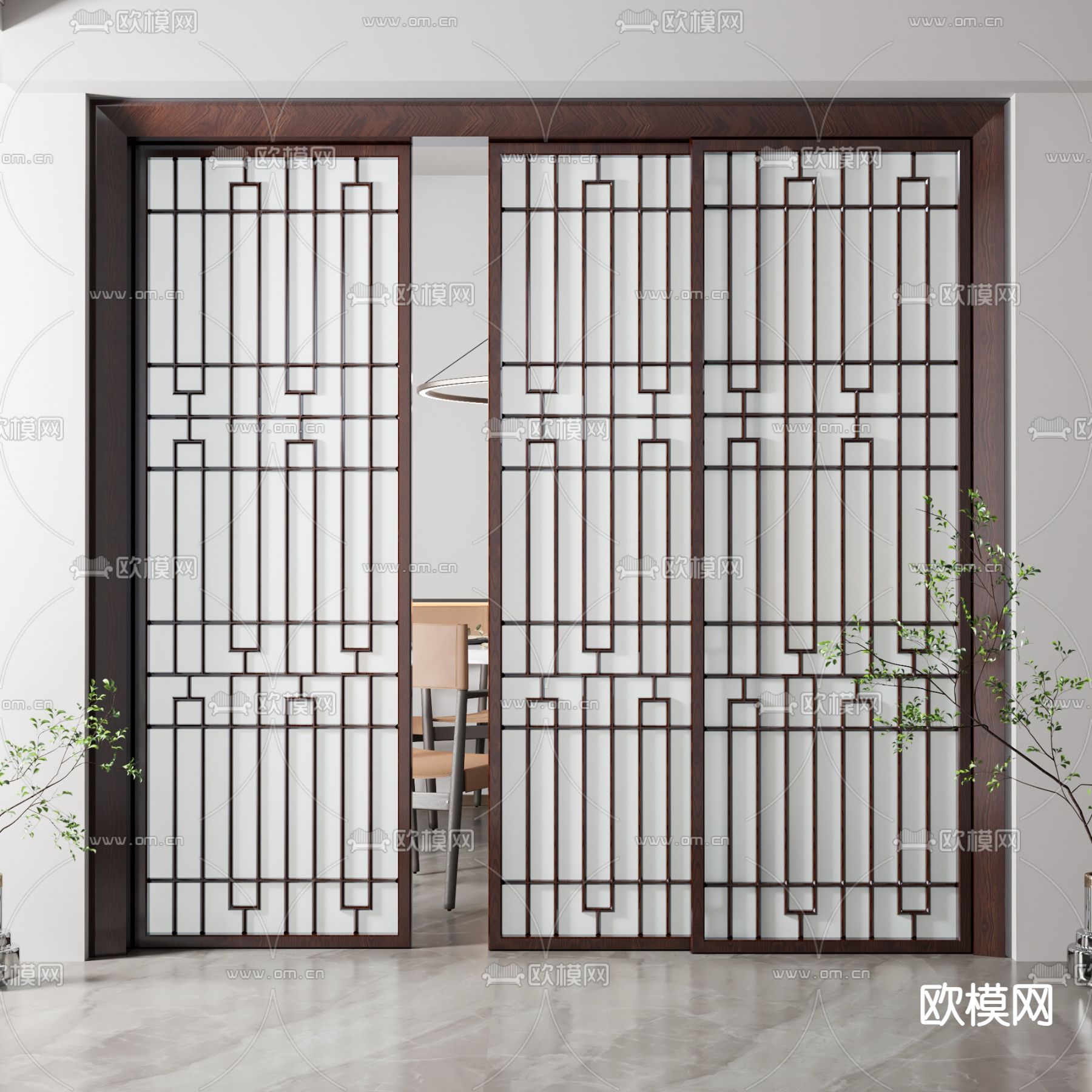 中式实木推拉门3d模型