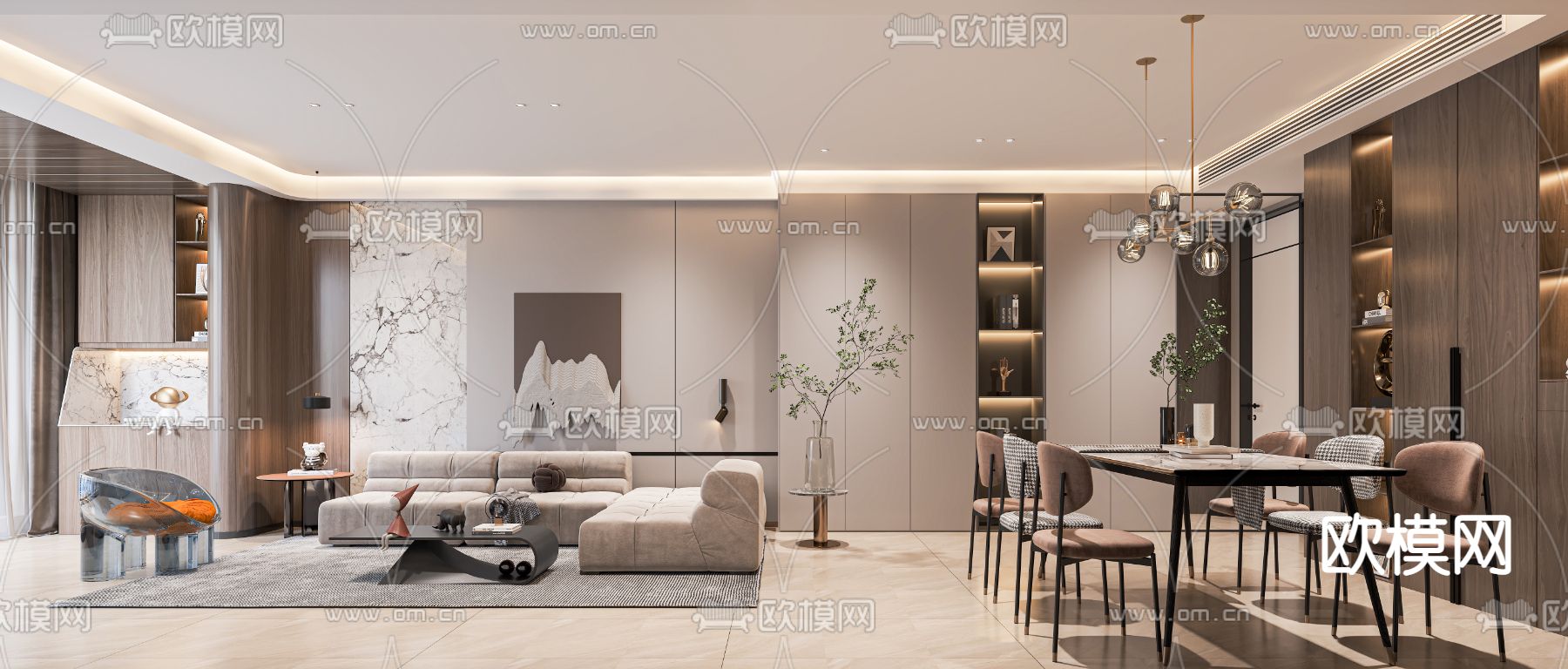 现代轻奢客餐厅3d模型下载（渲染图1）