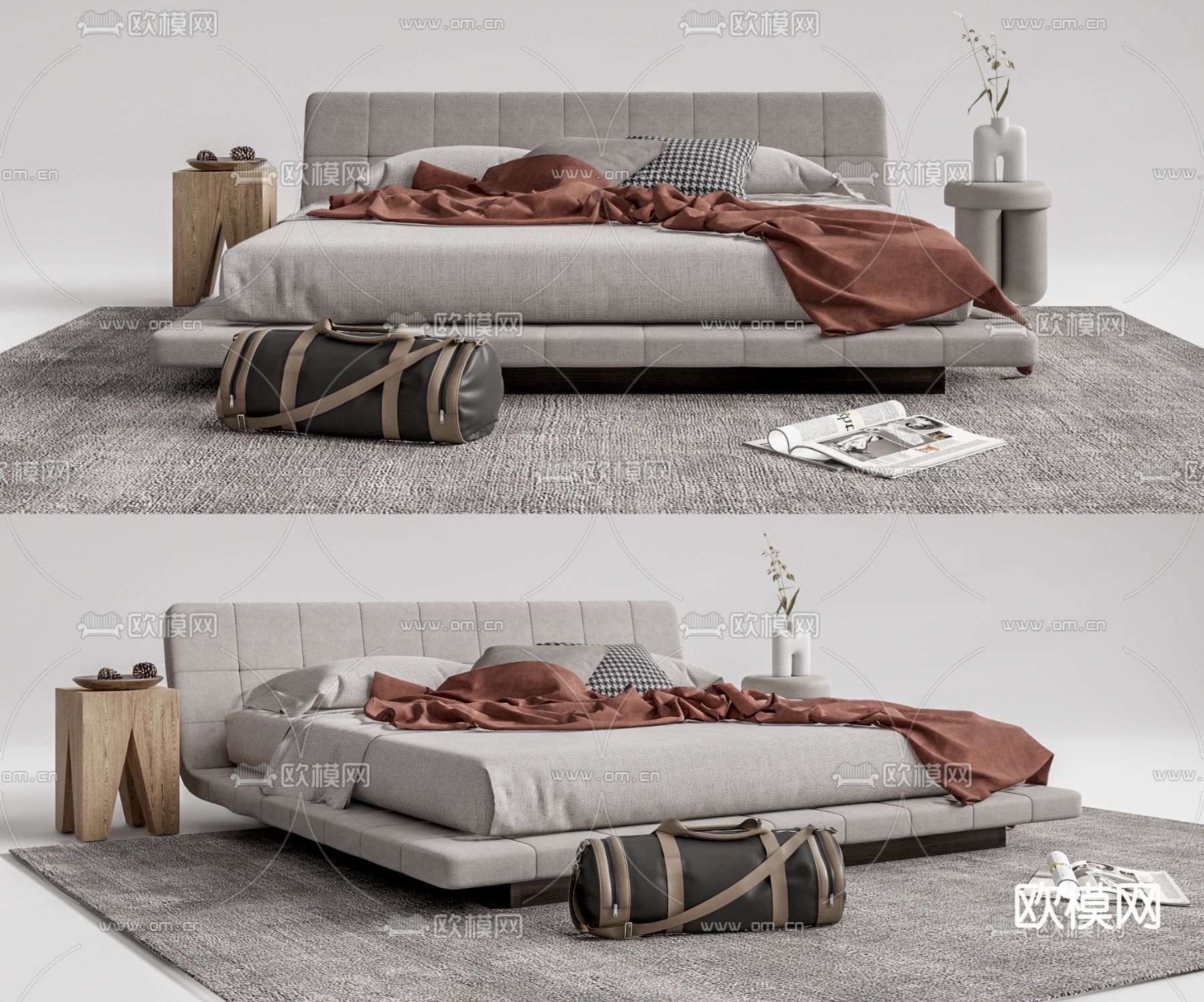 现代布艺双人床su模型