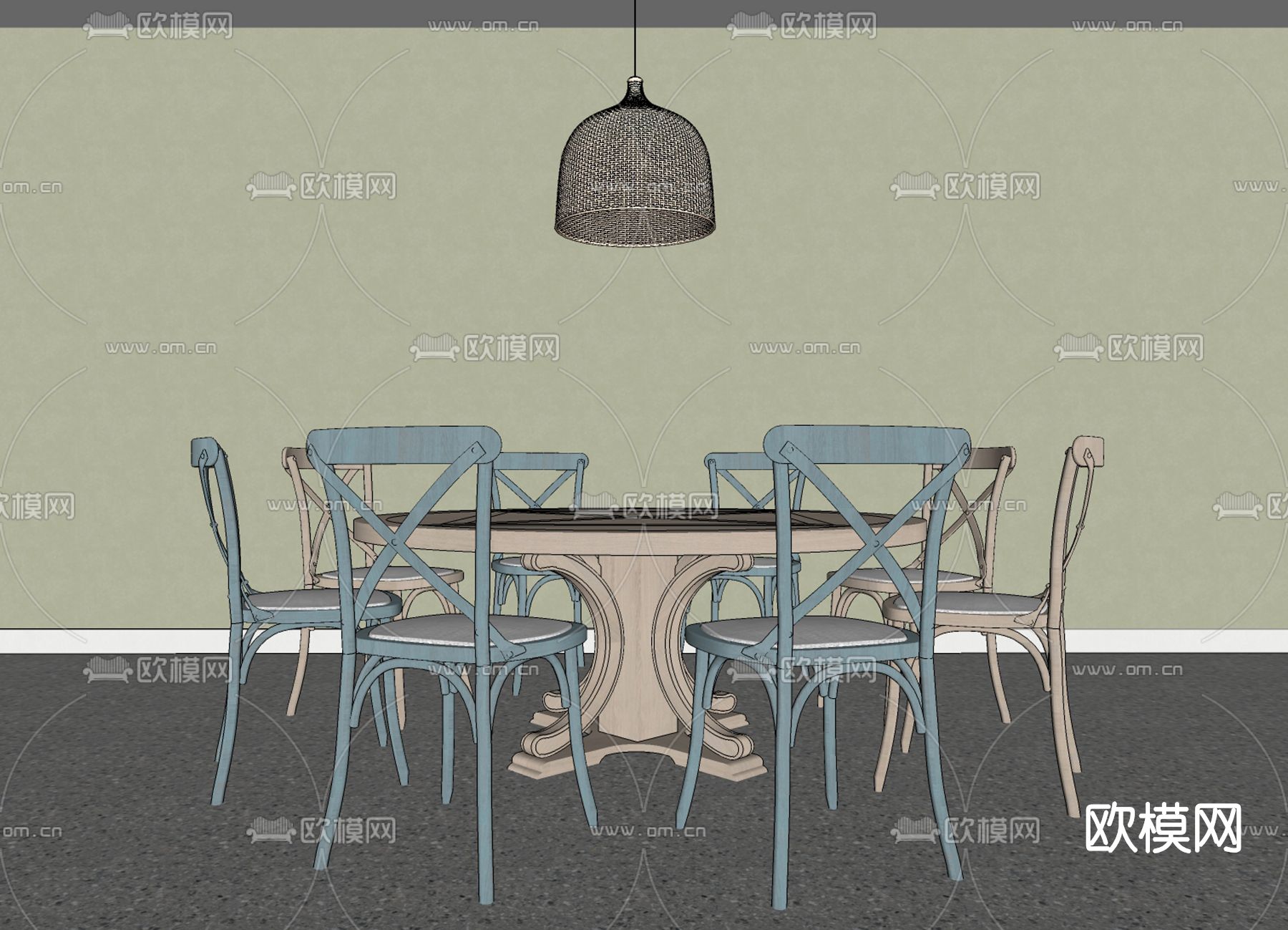 美式圆形餐桌椅su模型下载