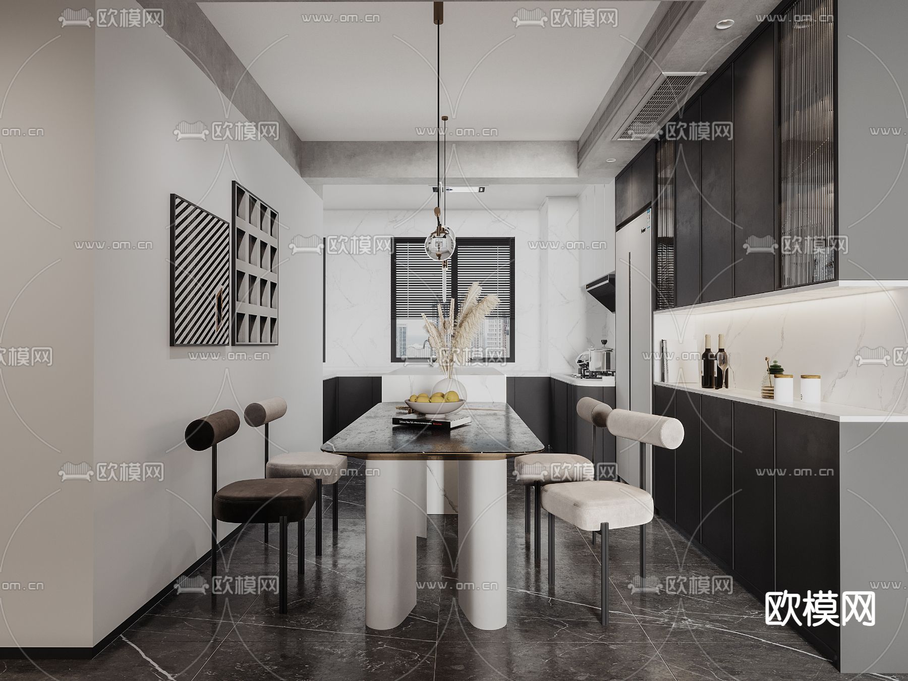 现代黑白灰客厅餐厅3d模型
