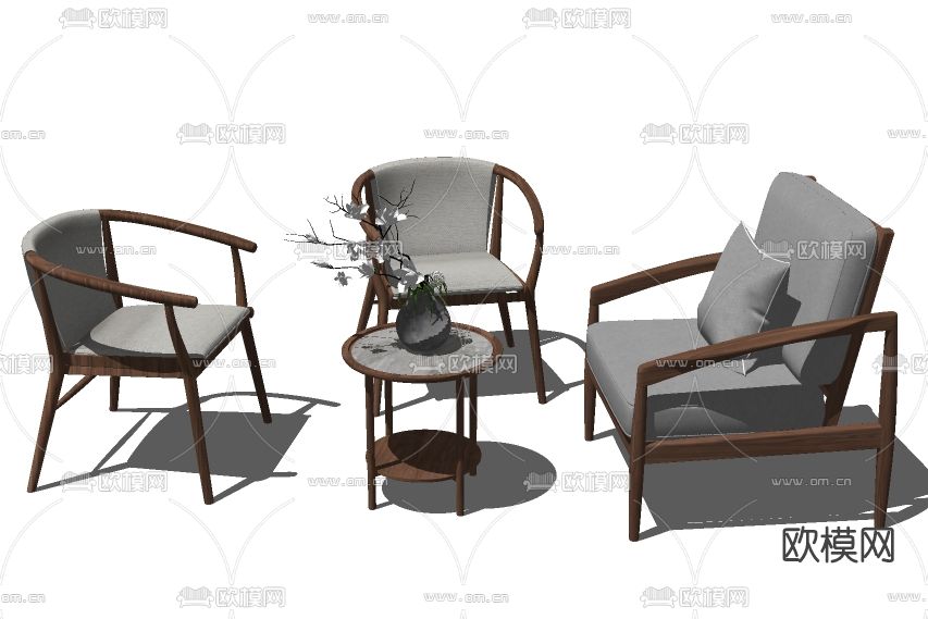 新中式实木休闲椅su模型下载（渲染图2）