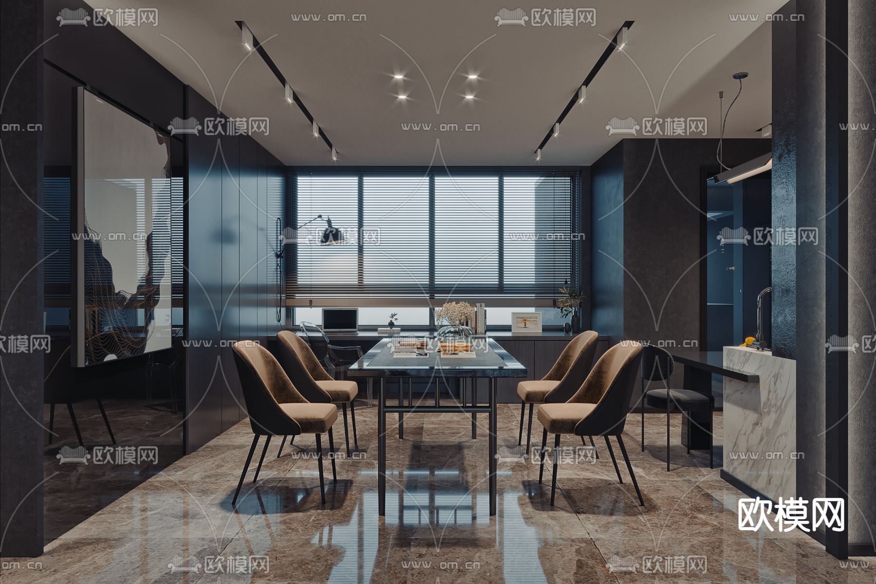 现代高级灰客餐厅3d模型下载（渲染图3）