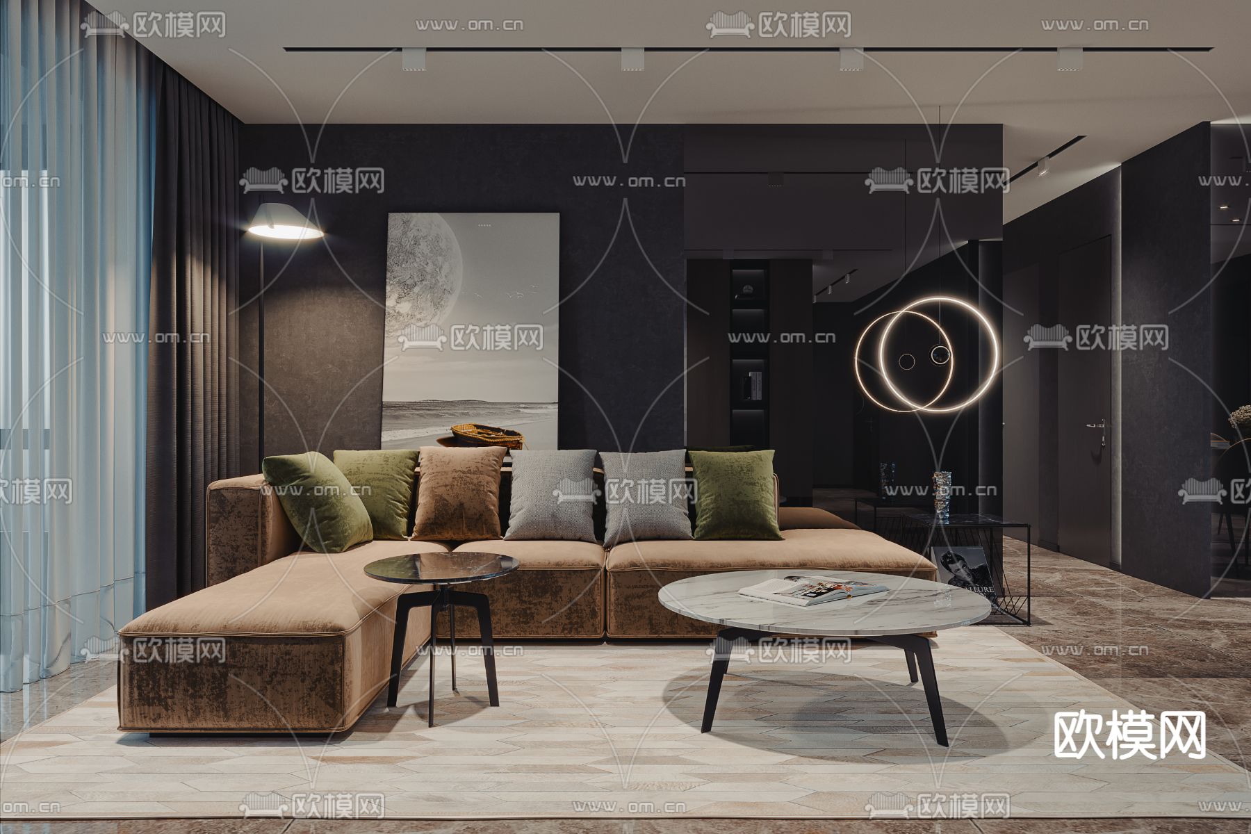 现代高级灰客餐厅3d模型下载（渲染图1）