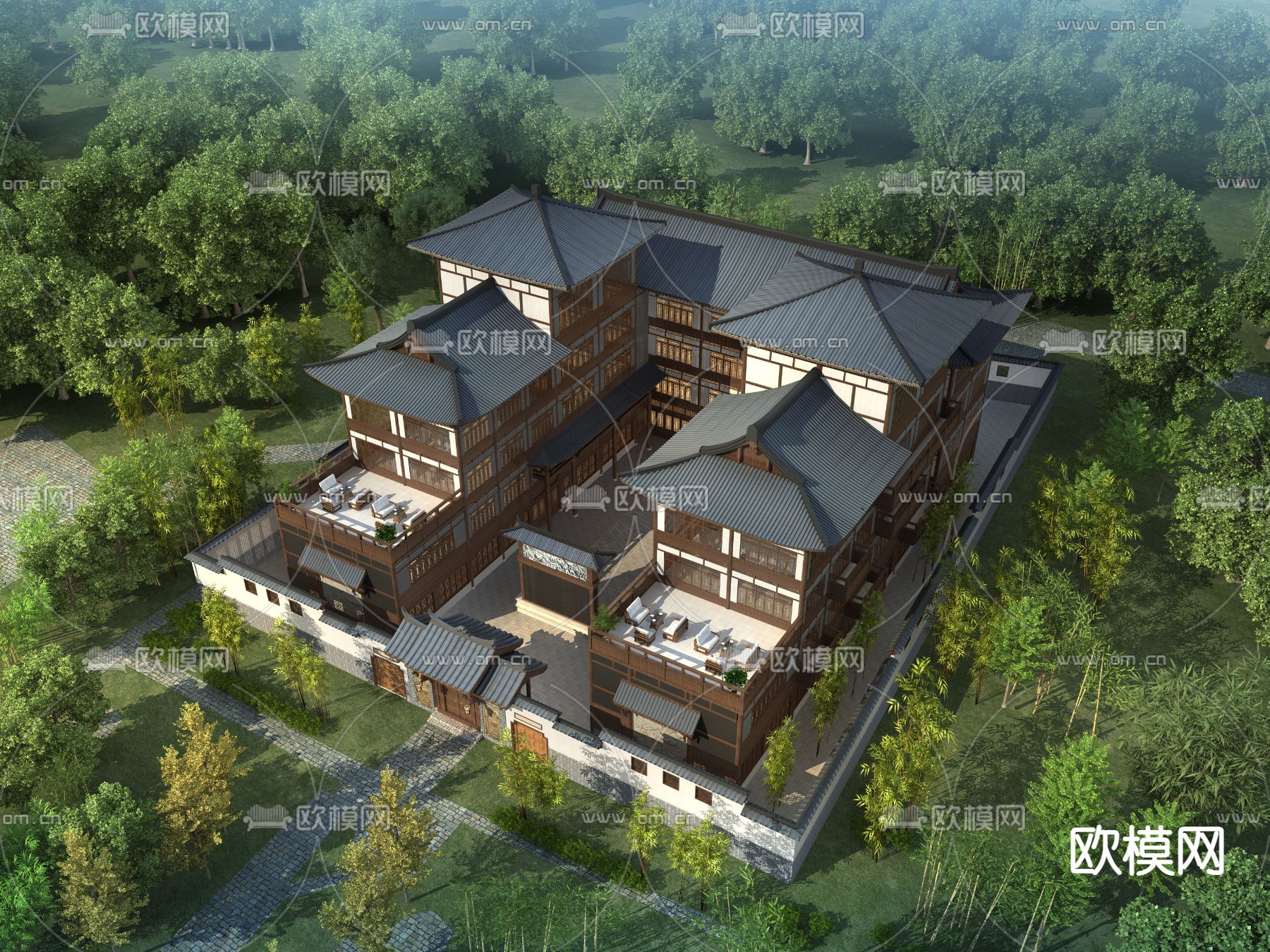 中式古建民宿鸟瞰3d模型下载_ID11404318_3dmax免费模型-欧模网