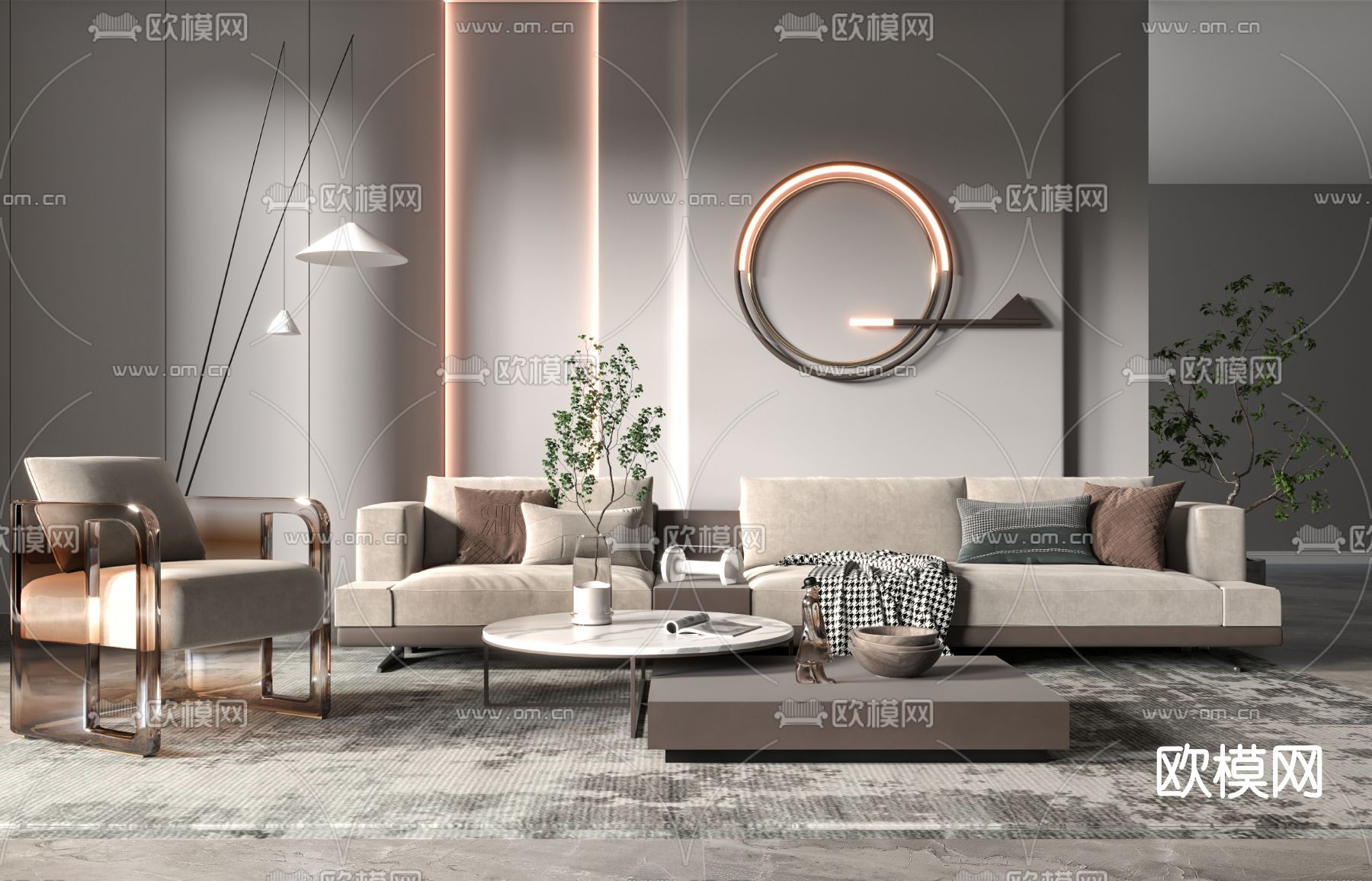 现代布艺沙发组合su模型下载（渲染图1）