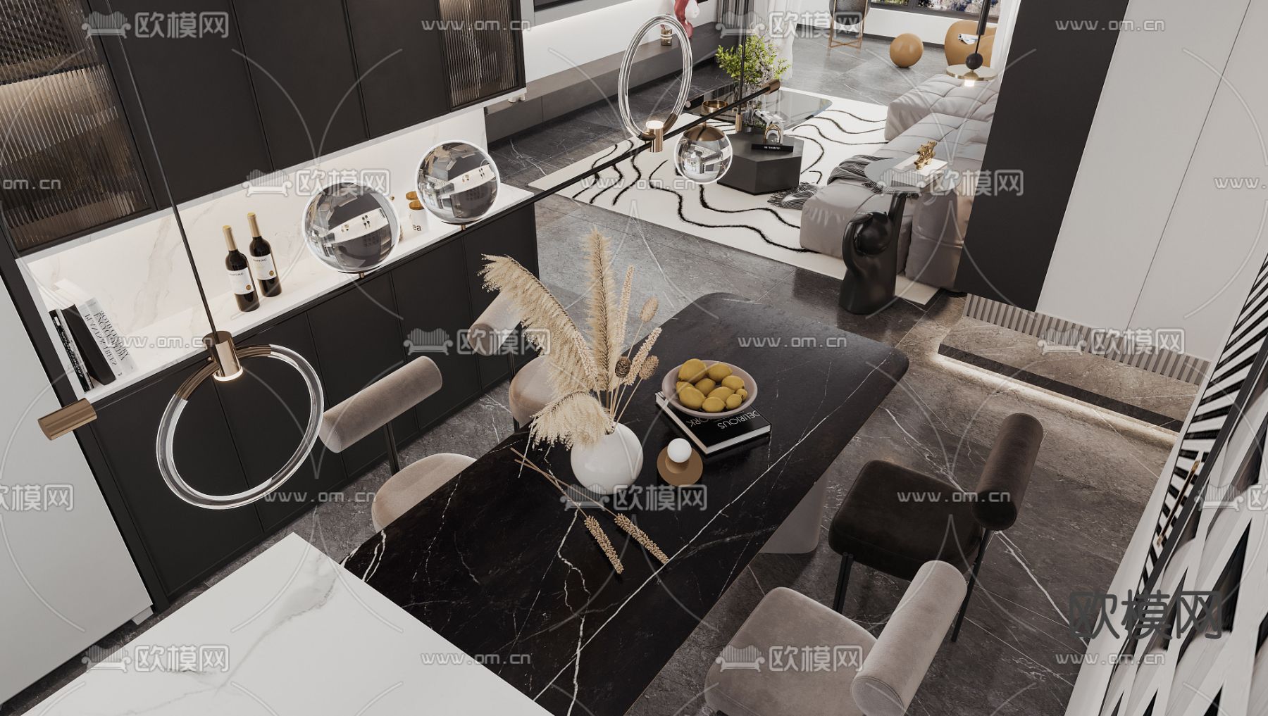 现代黑白灰客厅餐厅3d模型