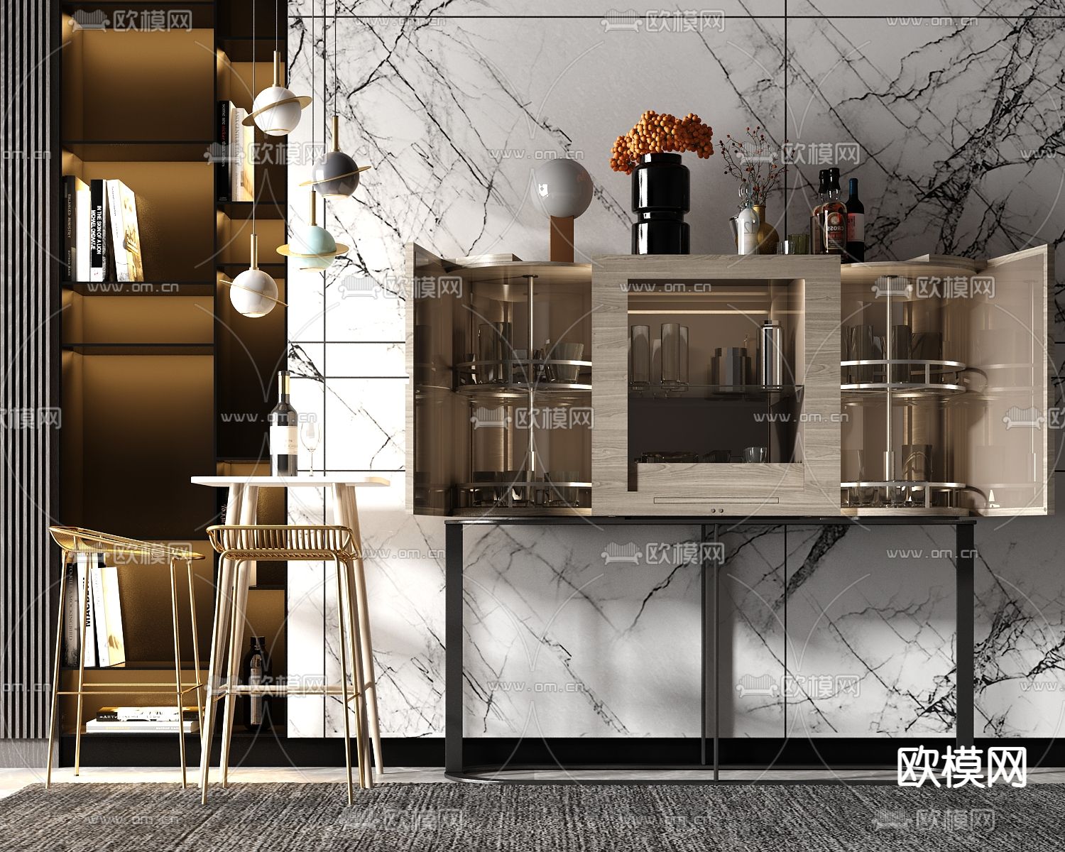 现代轻奢酒柜su模型下载（渲染图1）