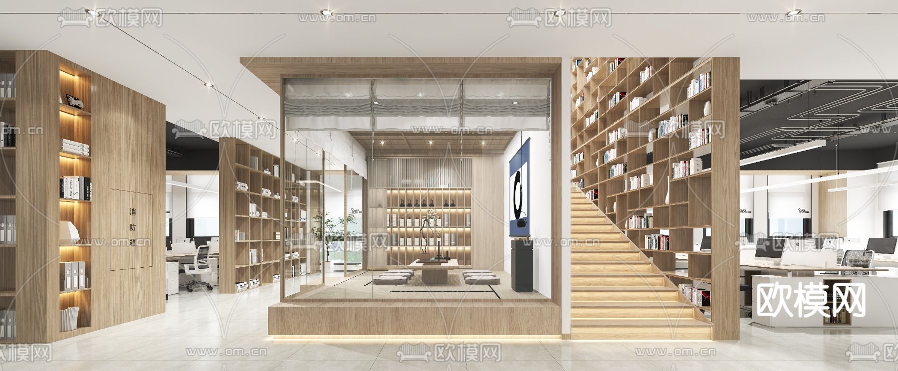 现代敞开式办公室3d模型下载（渲染图3）