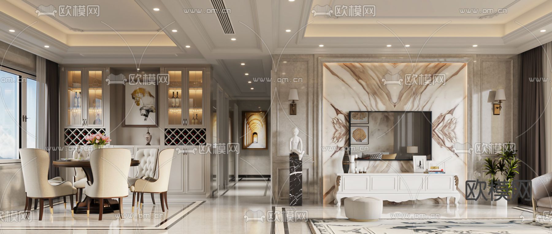 欧式客餐厅免费3d模型下载（渲染图1）