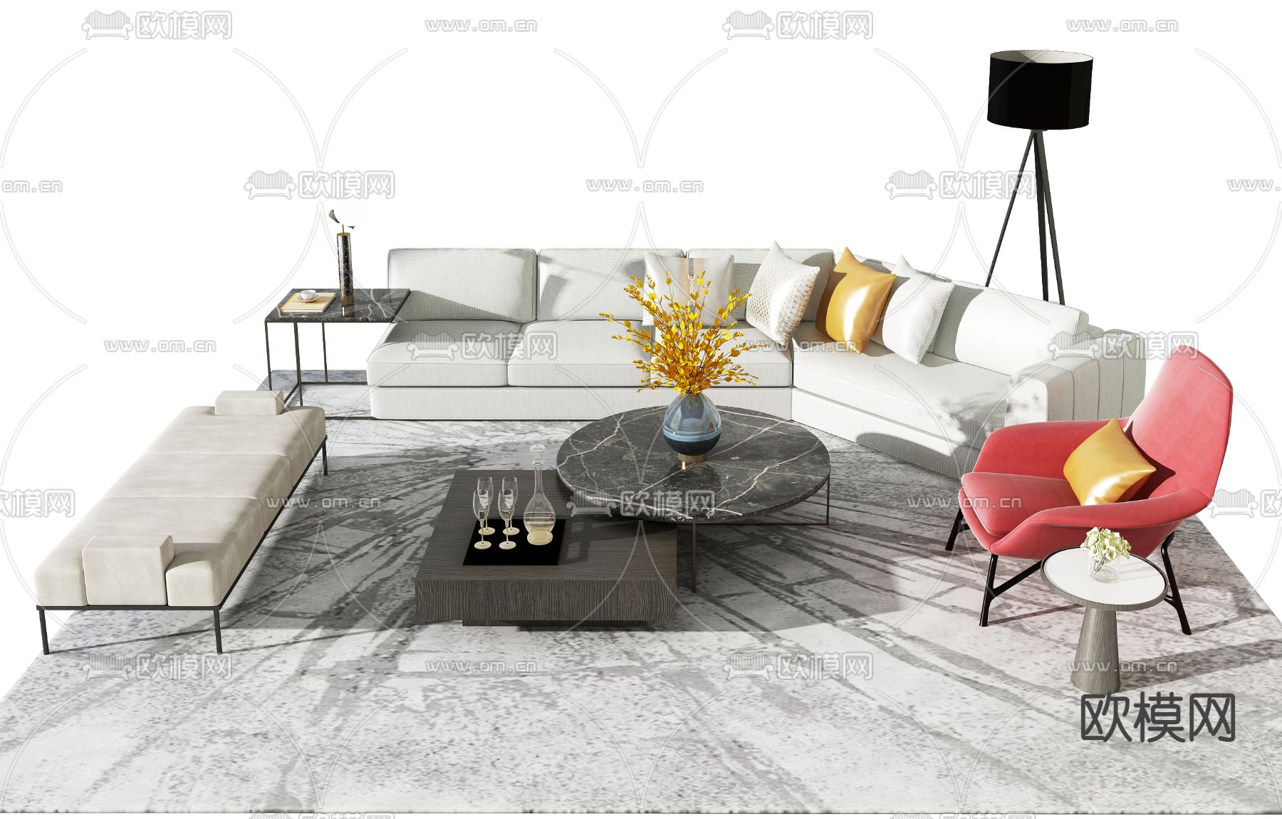 现代布艺多人沙发免费3d模型下载