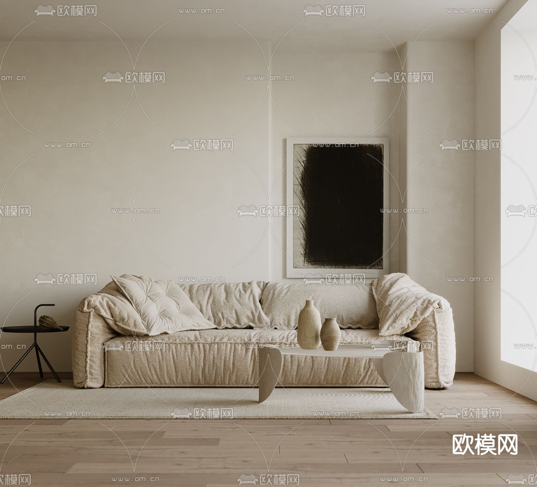 侘寂布艺多人沙发3d模型下载