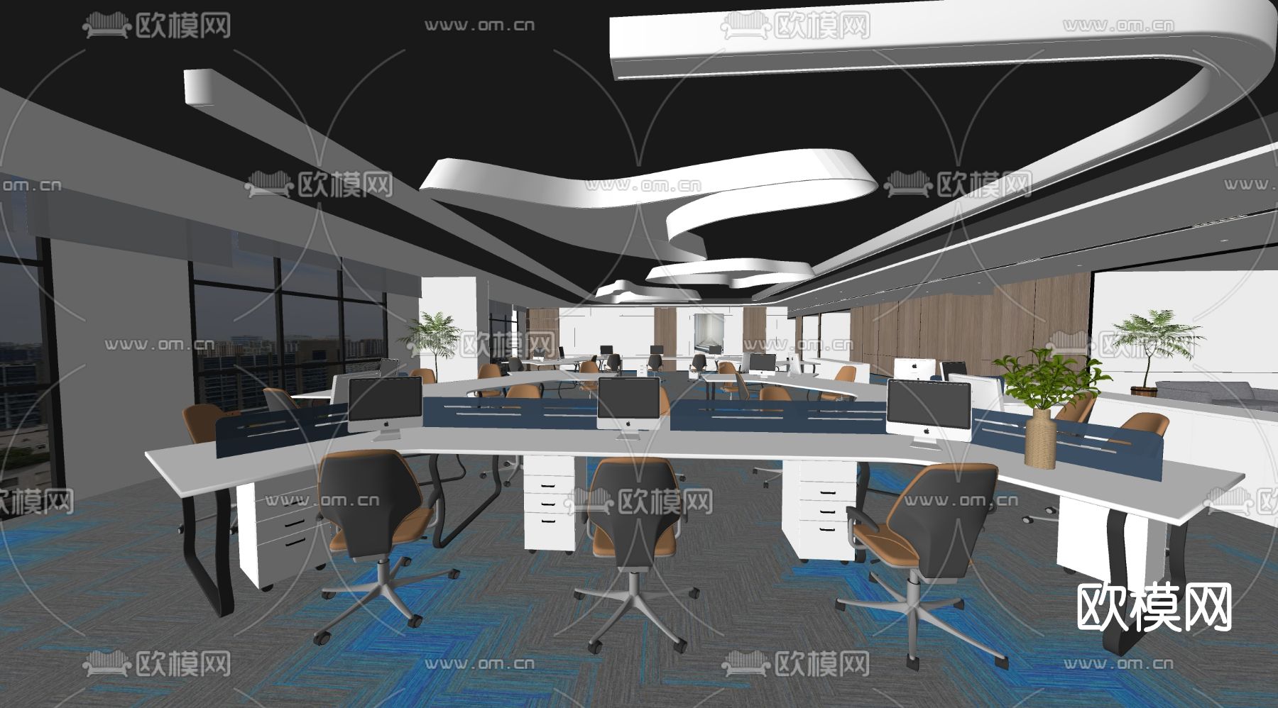 现代敞开式办公室su模型下载