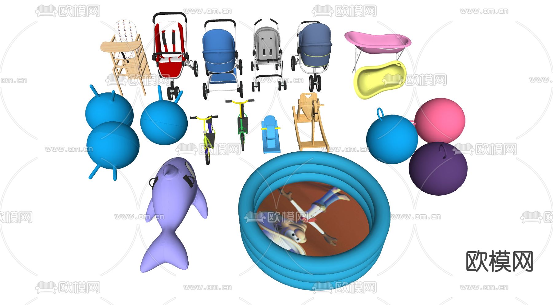 现代儿童充气泳池鲨鱼玩具su模型下载（渲染图2）
