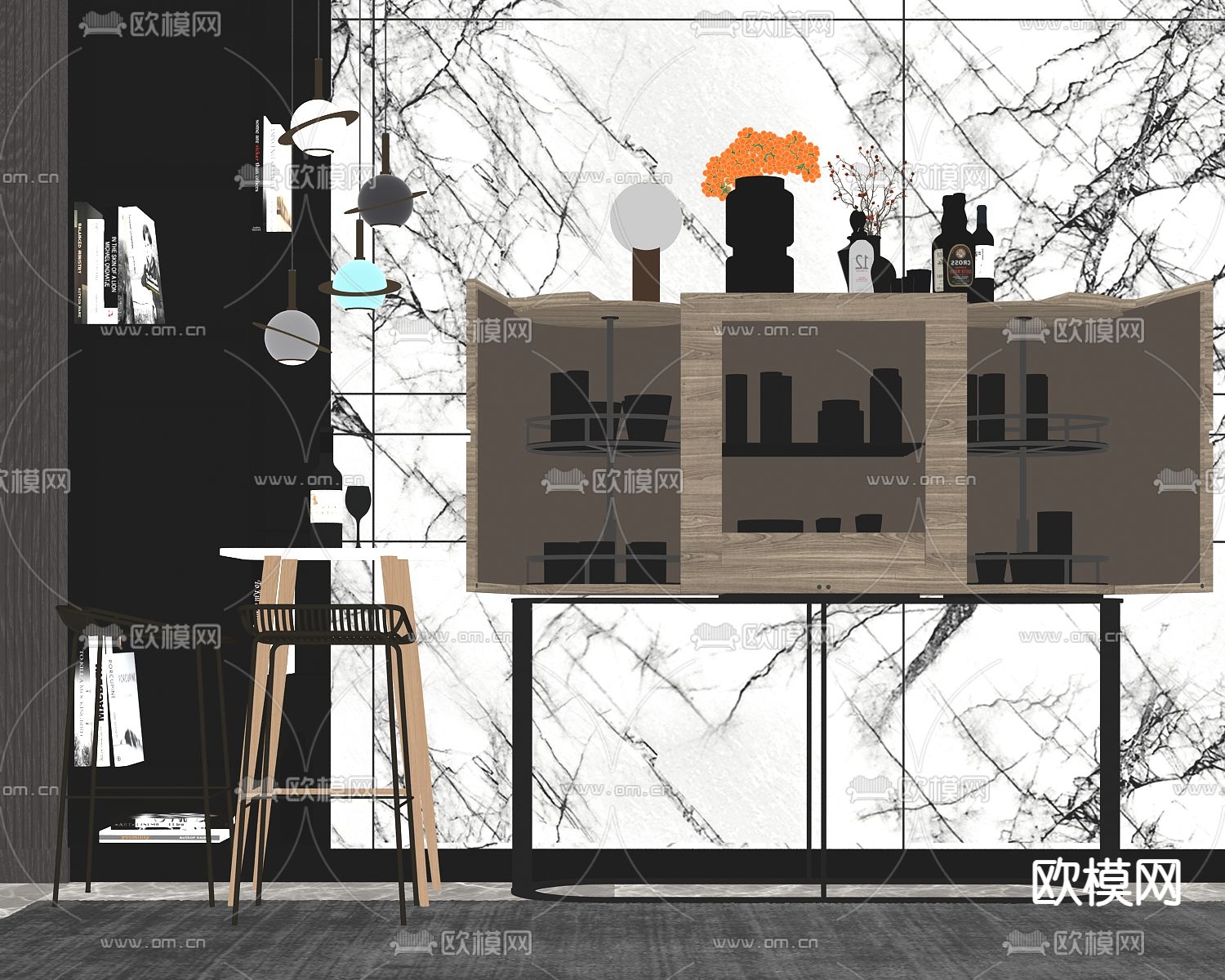 现代轻奢酒柜su模型下载（渲染图2）