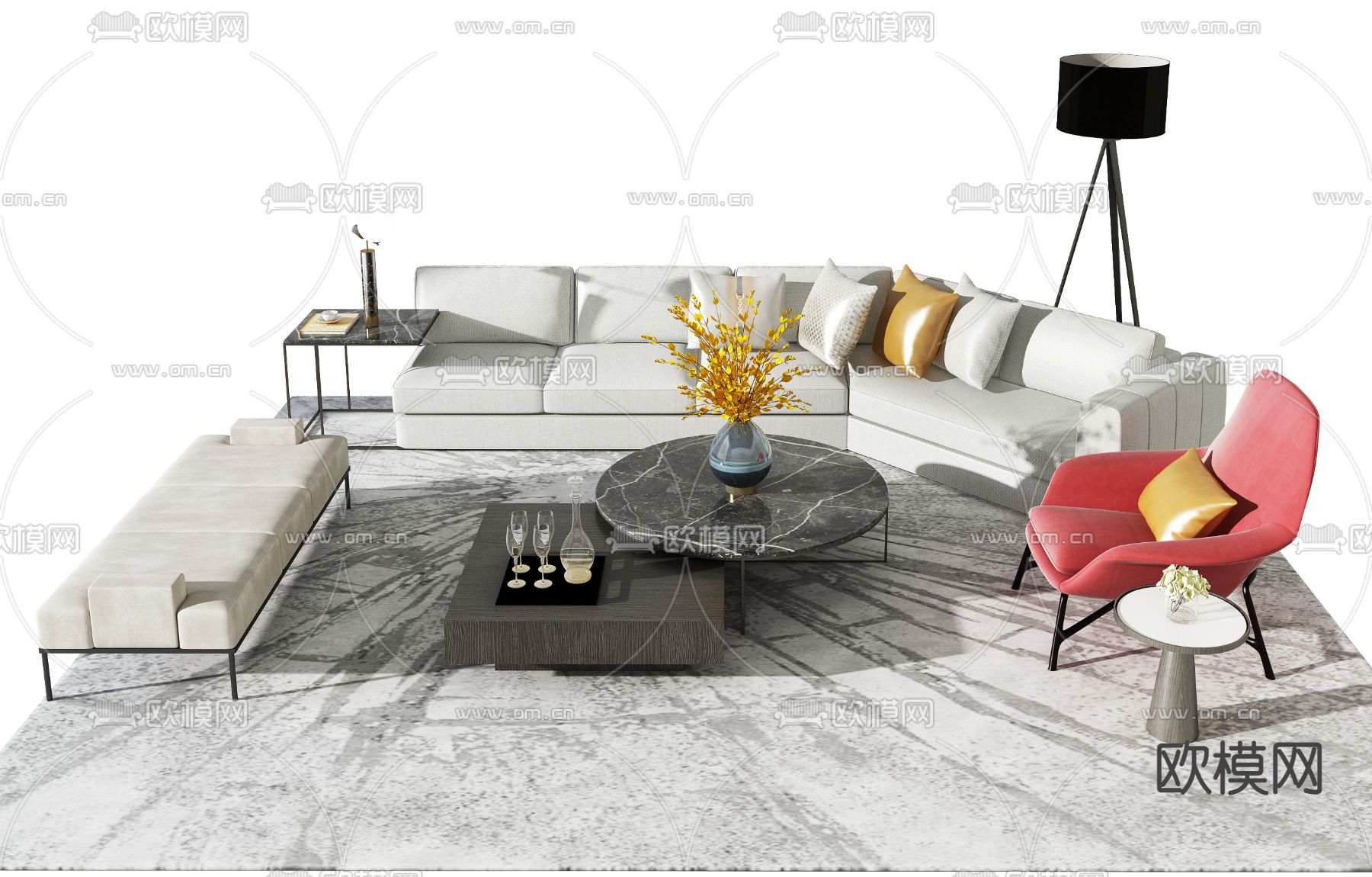 现代布艺沙发茶几组合免费3d模型下载