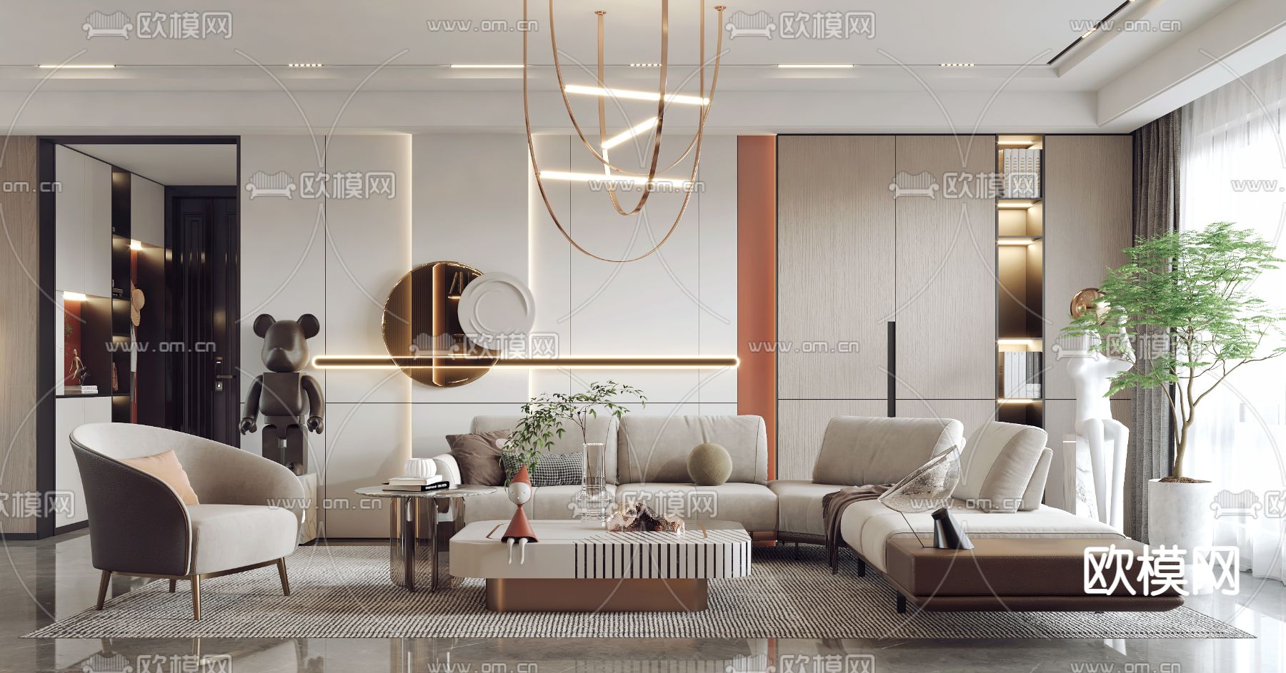 现代轻奢客厅餐厅3d模型下载（渲染图1）
