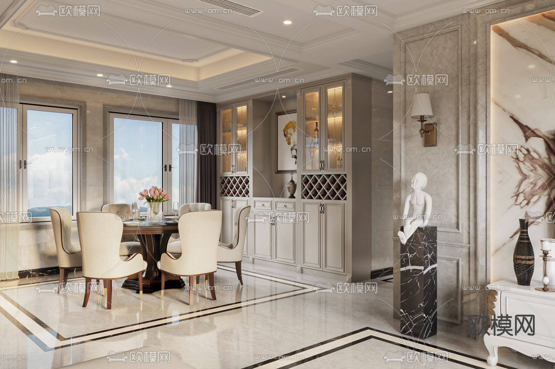 欧式客餐厅免费3d模型下载（渲染图3）